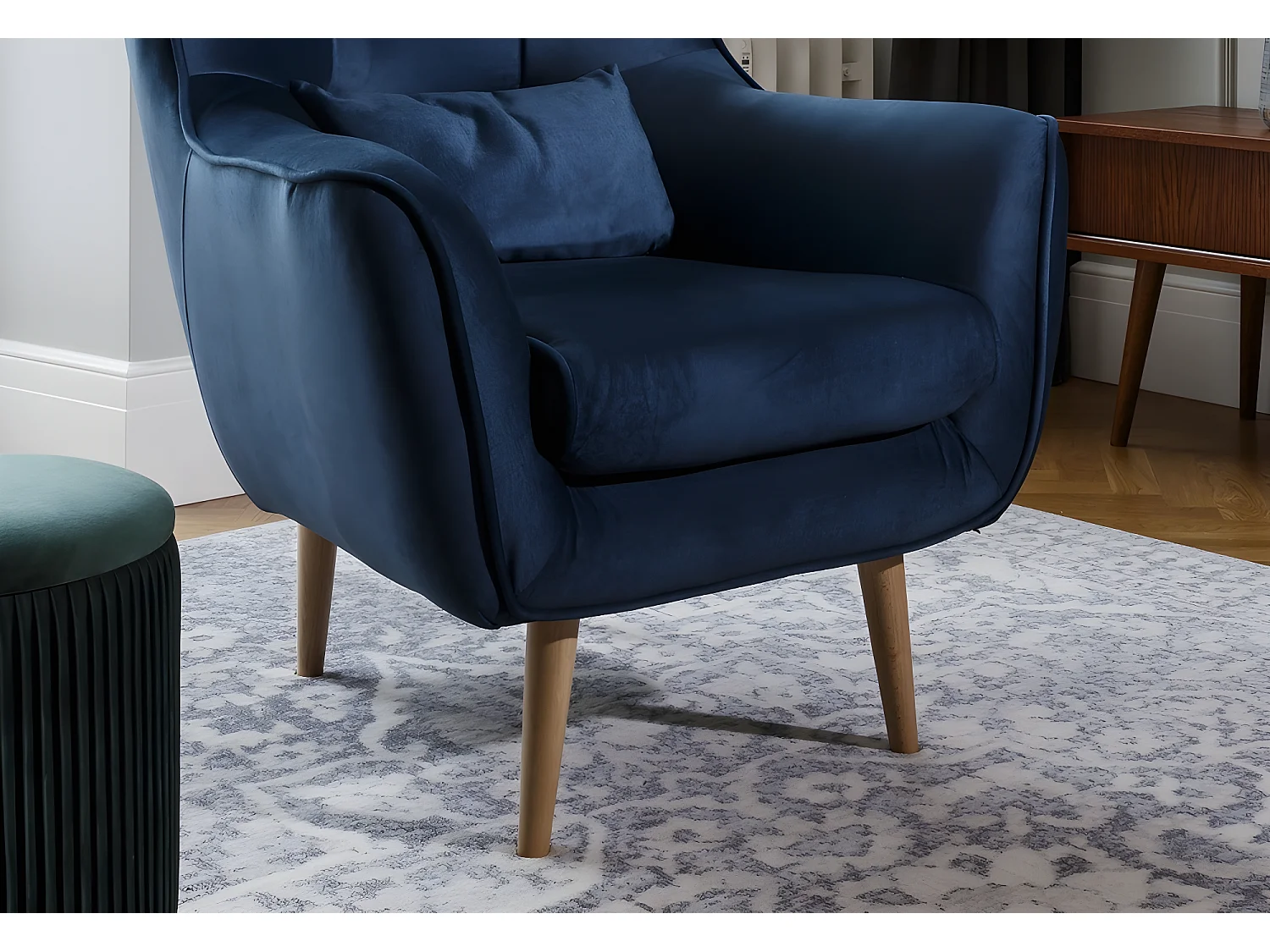 Fauteuil 1 place en tissu velours catégorie luxe, bleu foncé, ARTISTE