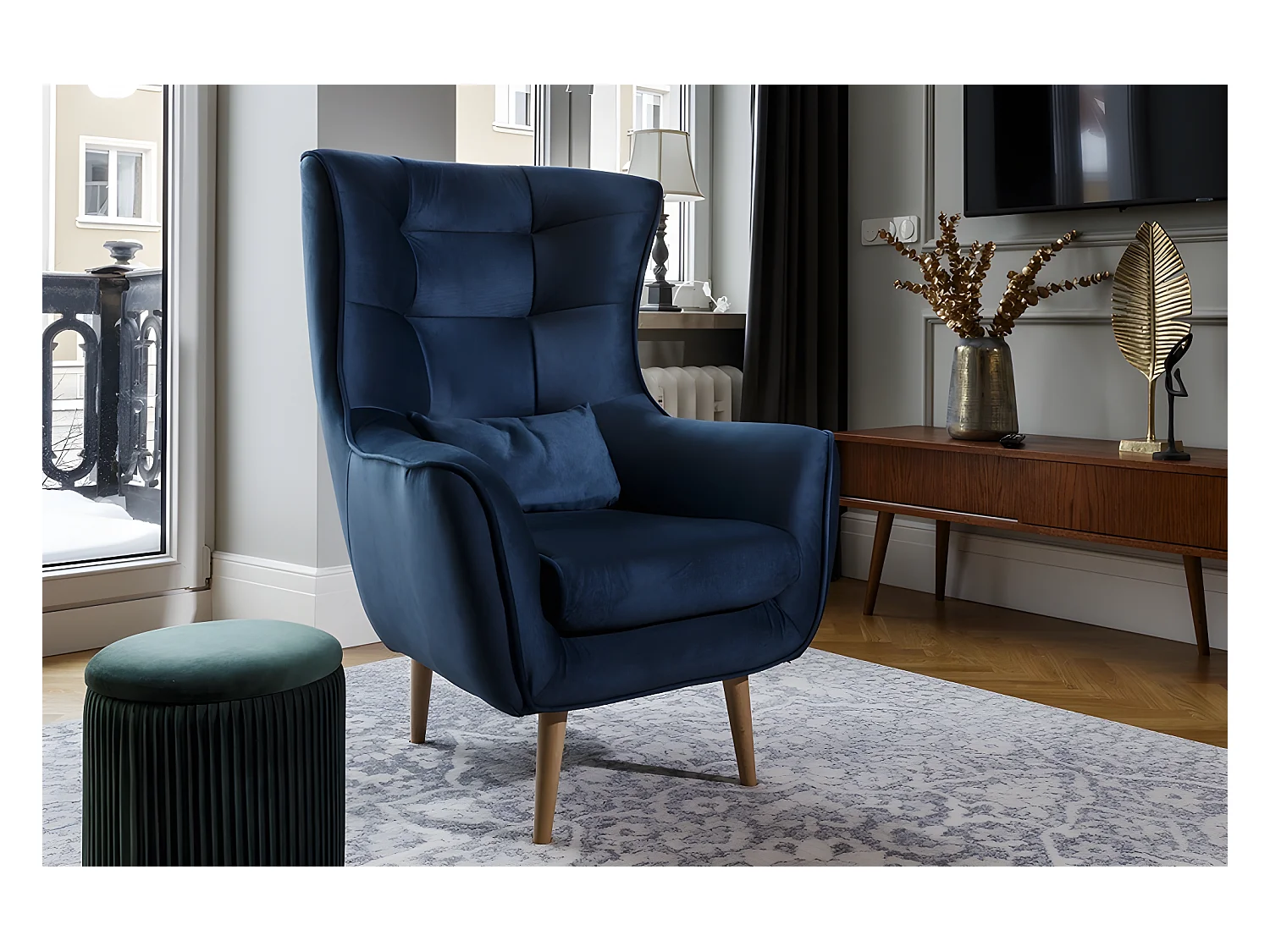 Fauteuil 1 place en tissu velours catégorie luxe, bleu foncé, ARTISTE