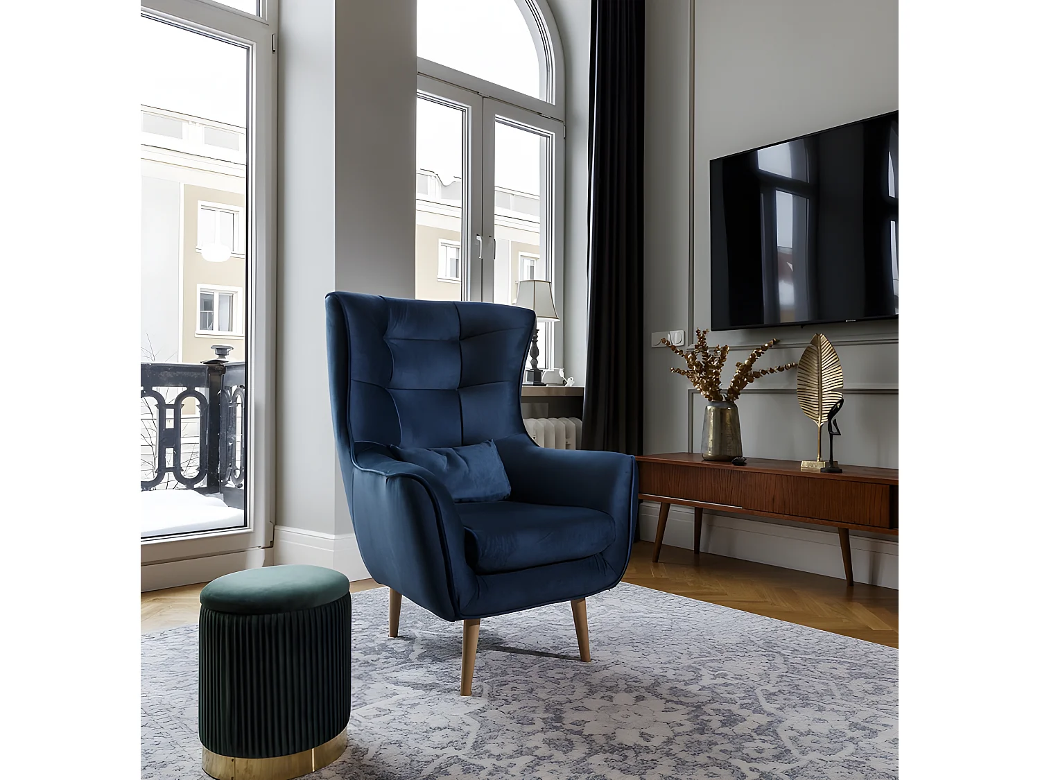 Fauteuil 1 place en tissu velours catégorie luxe, bleu foncé, ARTISTE