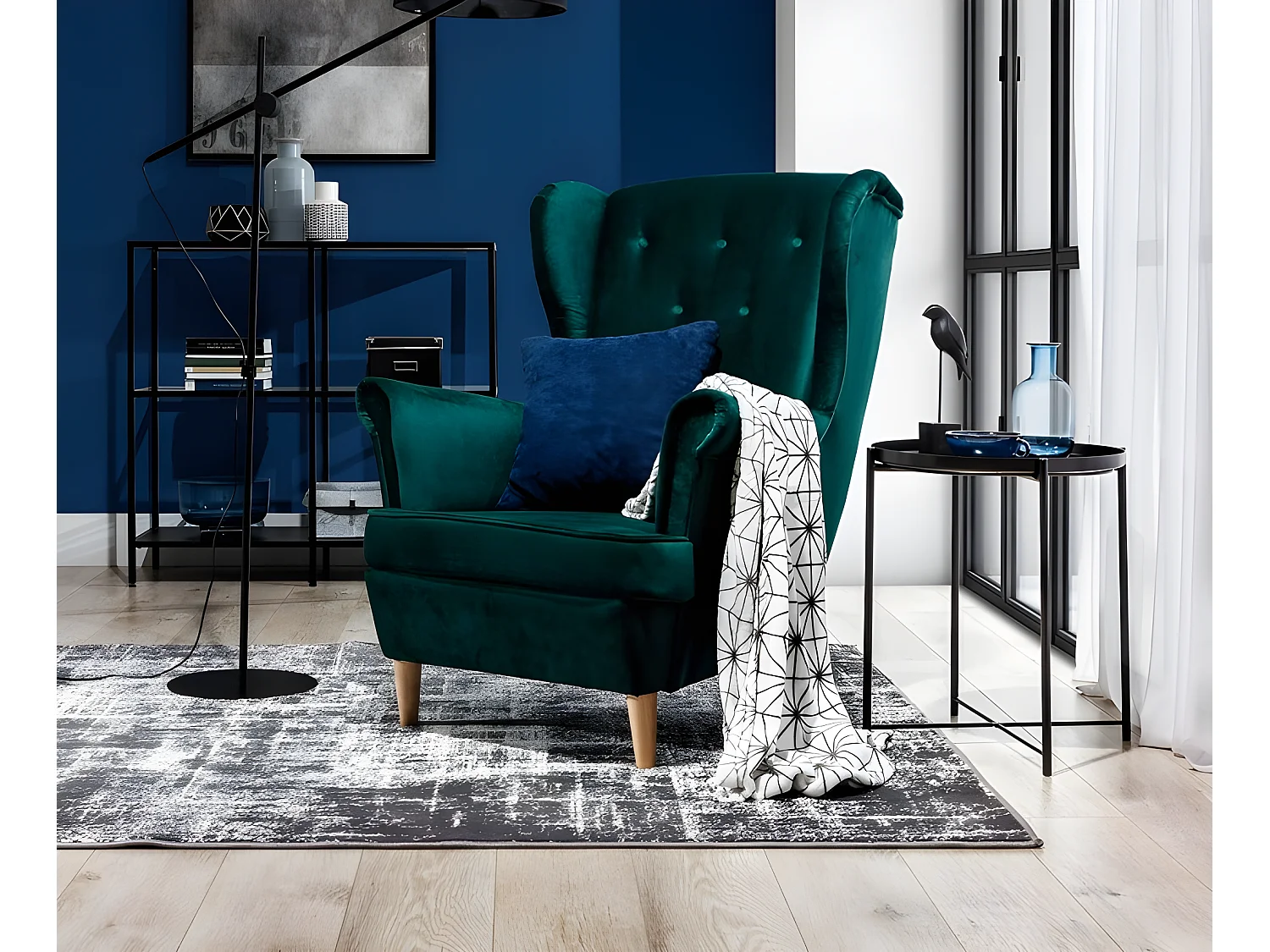 Fauteuil 1 place en tissu velours catégorie luxe, vert foncé, ARNAUD
