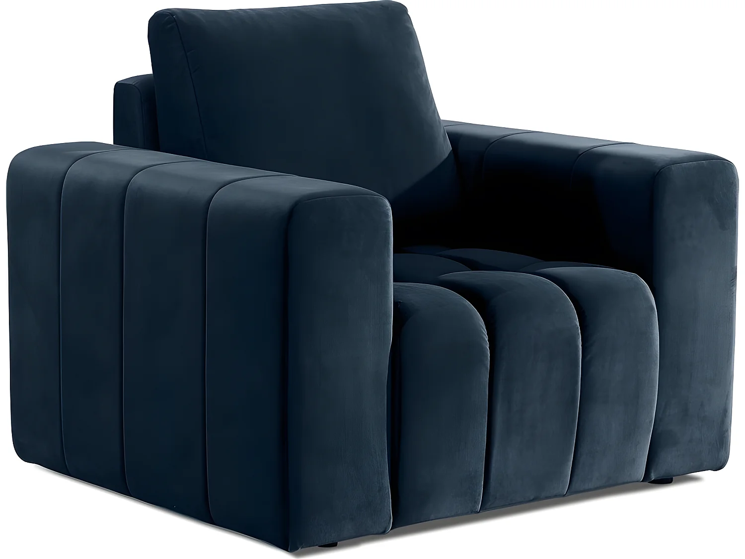 Luxe donkerblauwe fluwelen fauteuil met hoge armleuningen en houten poten