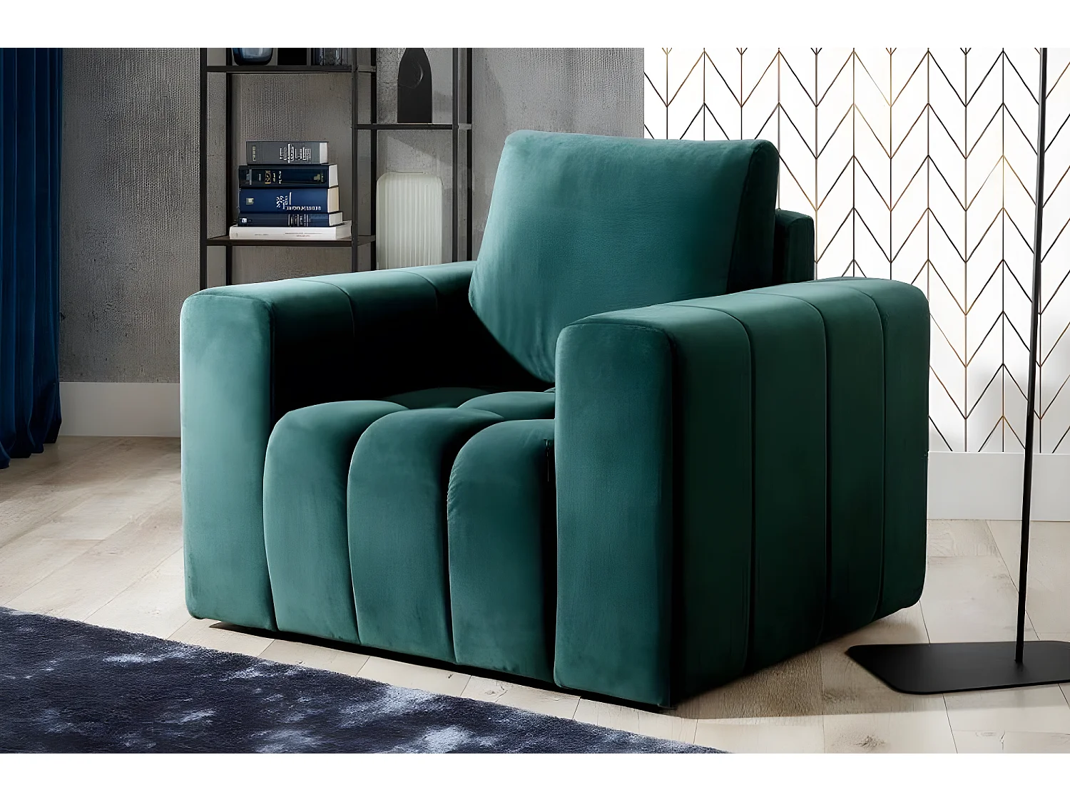 Fauteuil 1 place en tissu velours catégorie luxe, vert, LAZINO
