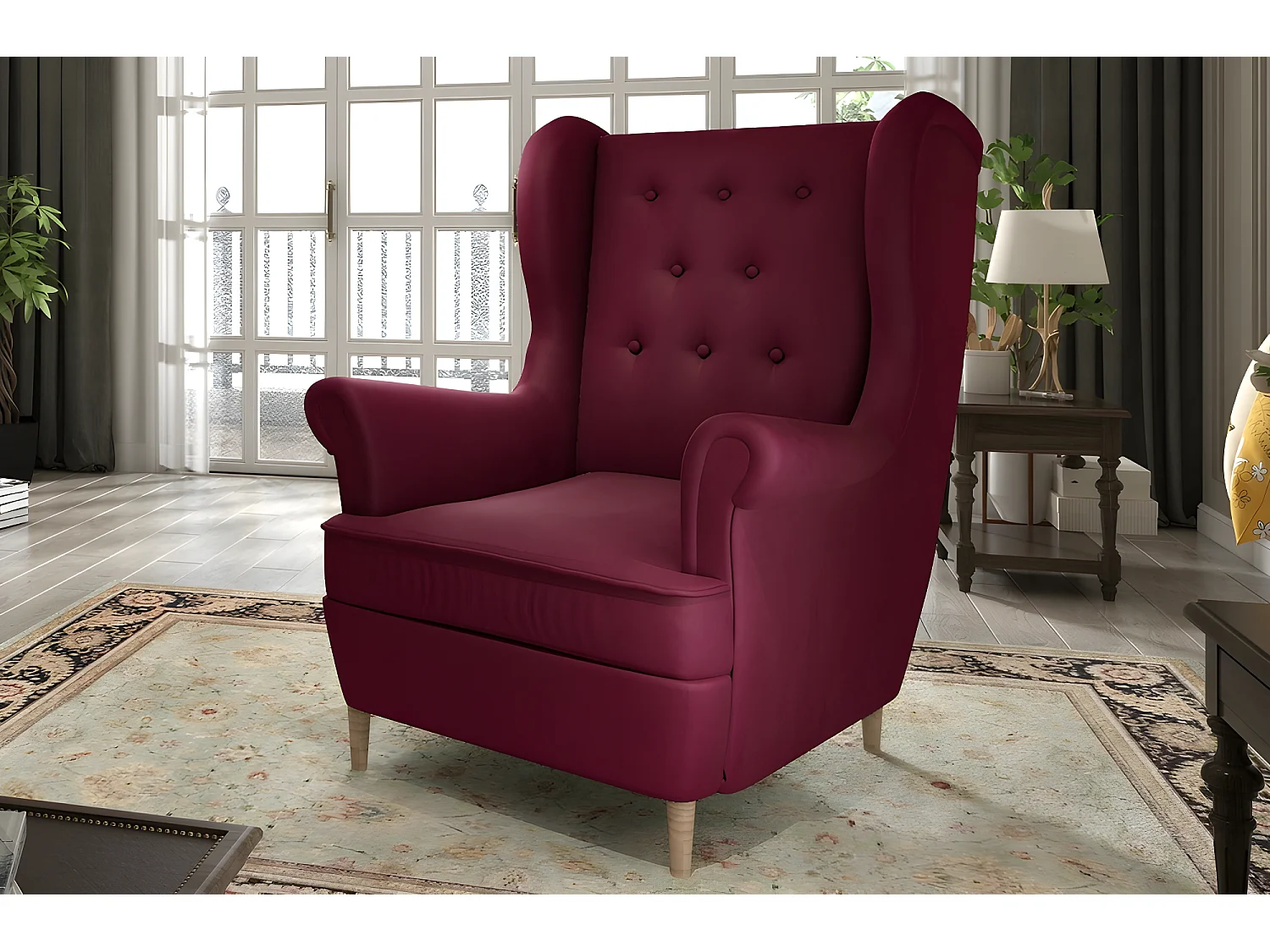 Fauteuil 1 place en tissu velours catégorie luxe, bordeaux, ARNAUD