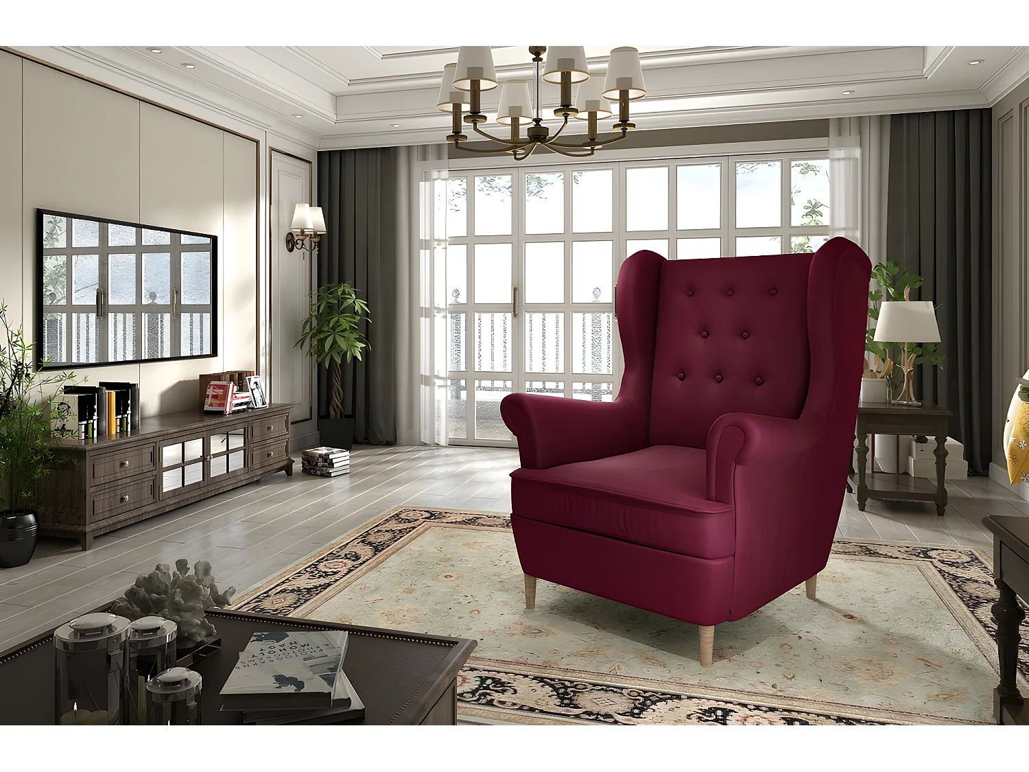 Fauteuil 1 place en tissu velours catégorie luxe, bordeaux, ARNAUD