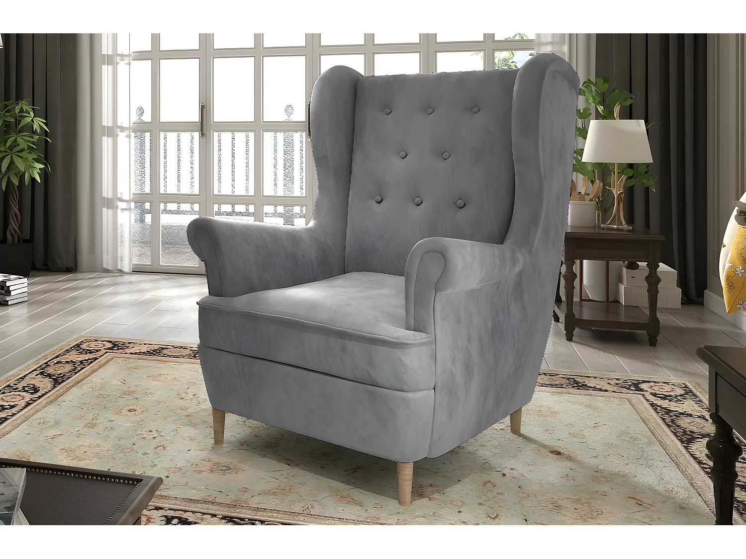 Fauteuil 1 place en tissu velours catégorie luxe, gris, ARNAUD