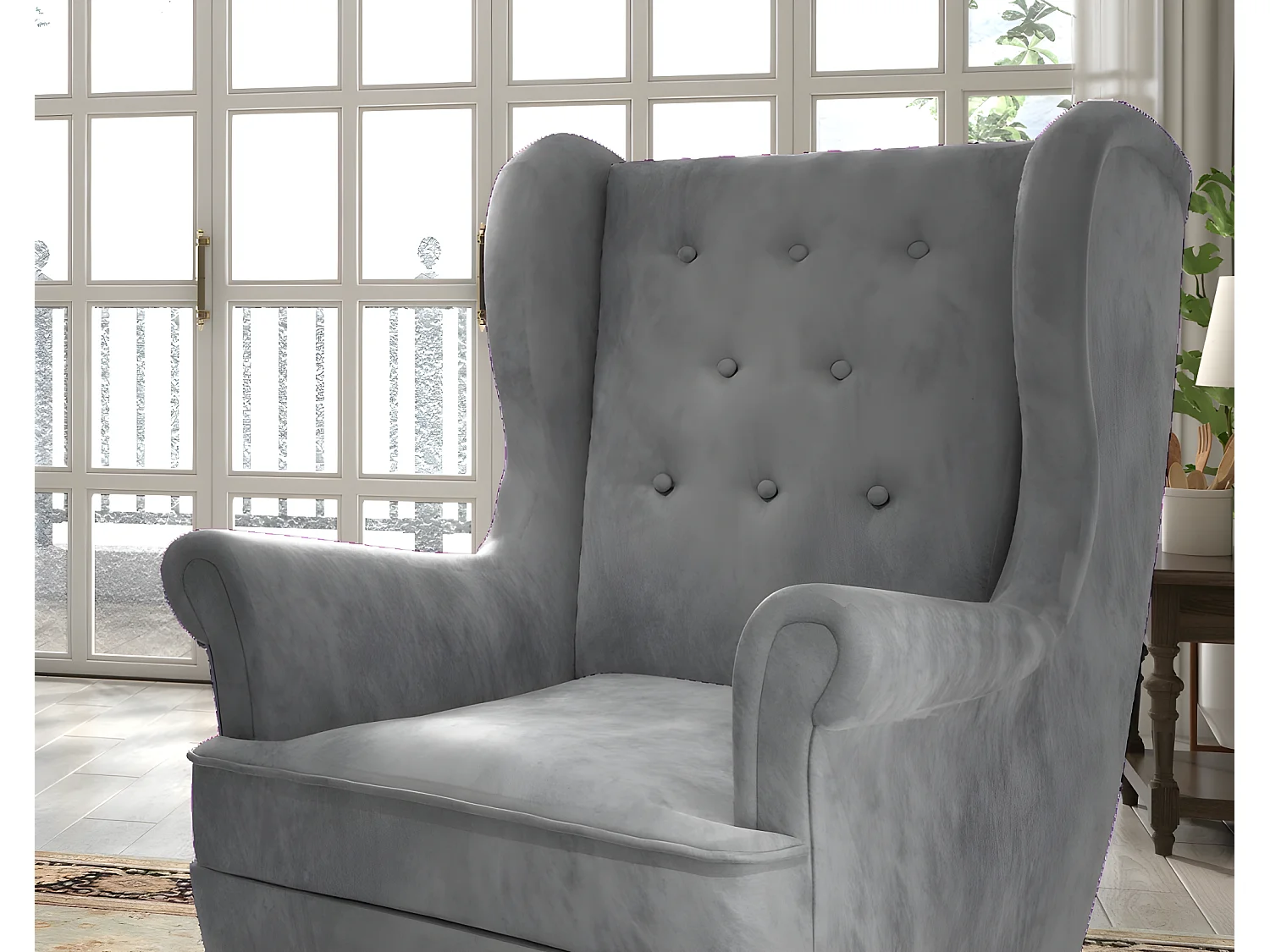 Fauteuil 1 place en tissu velours catégorie luxe, gris, ARNAUD