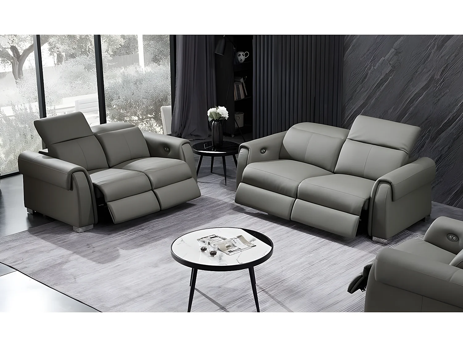 Ensemble avec 4 relax électriques, 2 canapés 2 places en cuir italien buffle TOPRELAX, gris foncé