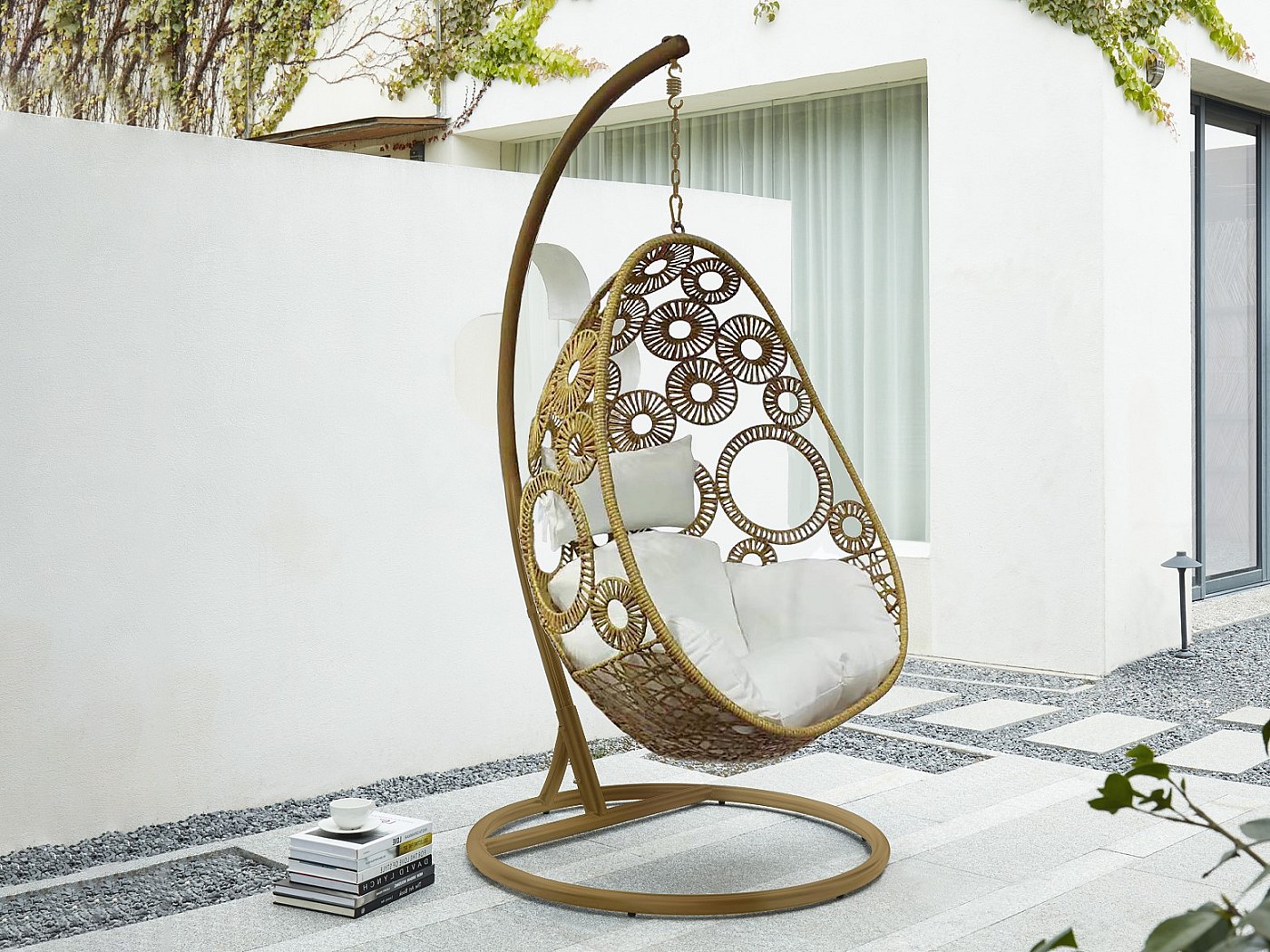 Hängesessel mit weißem Kissen - Polyrattan - Naturfarben - MAKAHA ...