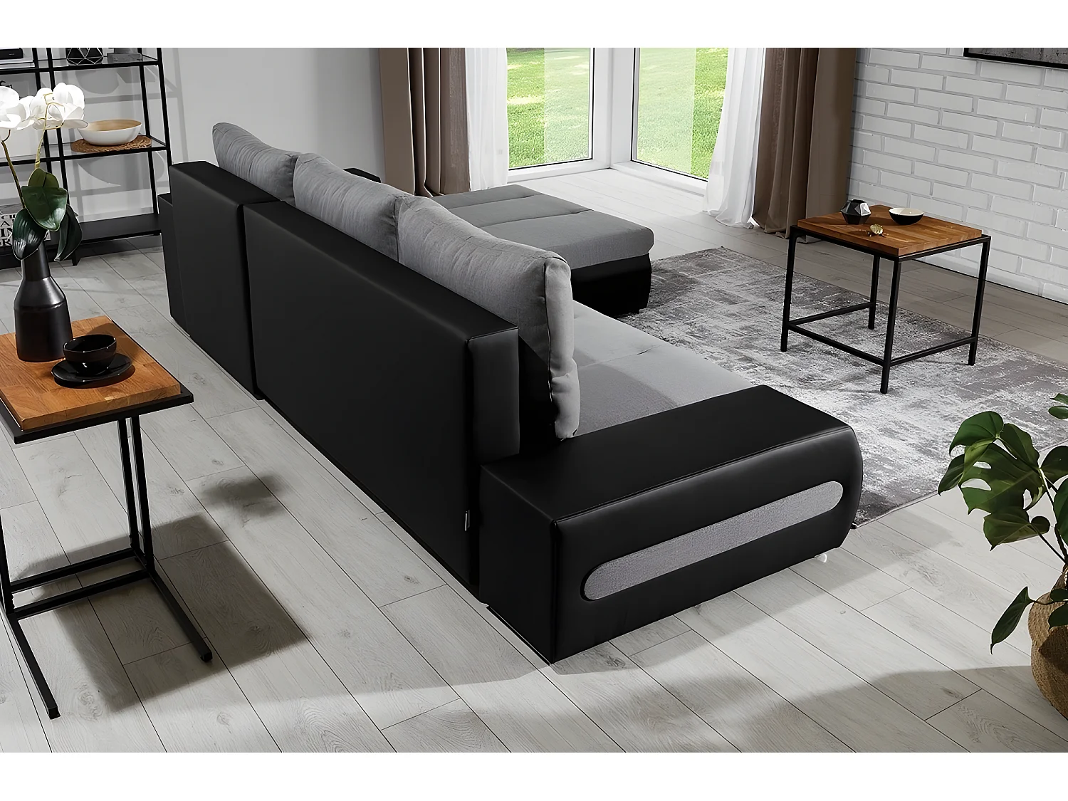 Canapé d'angle convertible en tissu luxe gris et simili cuir noir, 5 places, angle droit (vu de face) - OTELLO