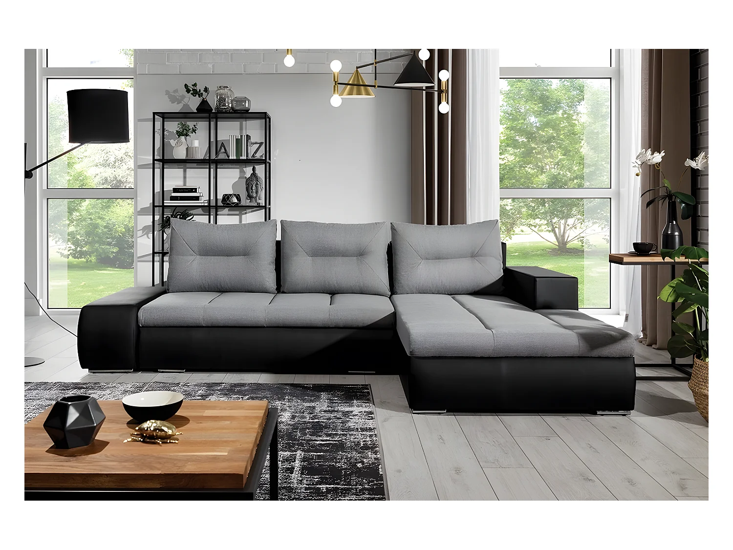 Canapé d'angle convertible en tissu luxe gris et simili cuir noir, 5 places, angle droit (vu de face) - OTELLO