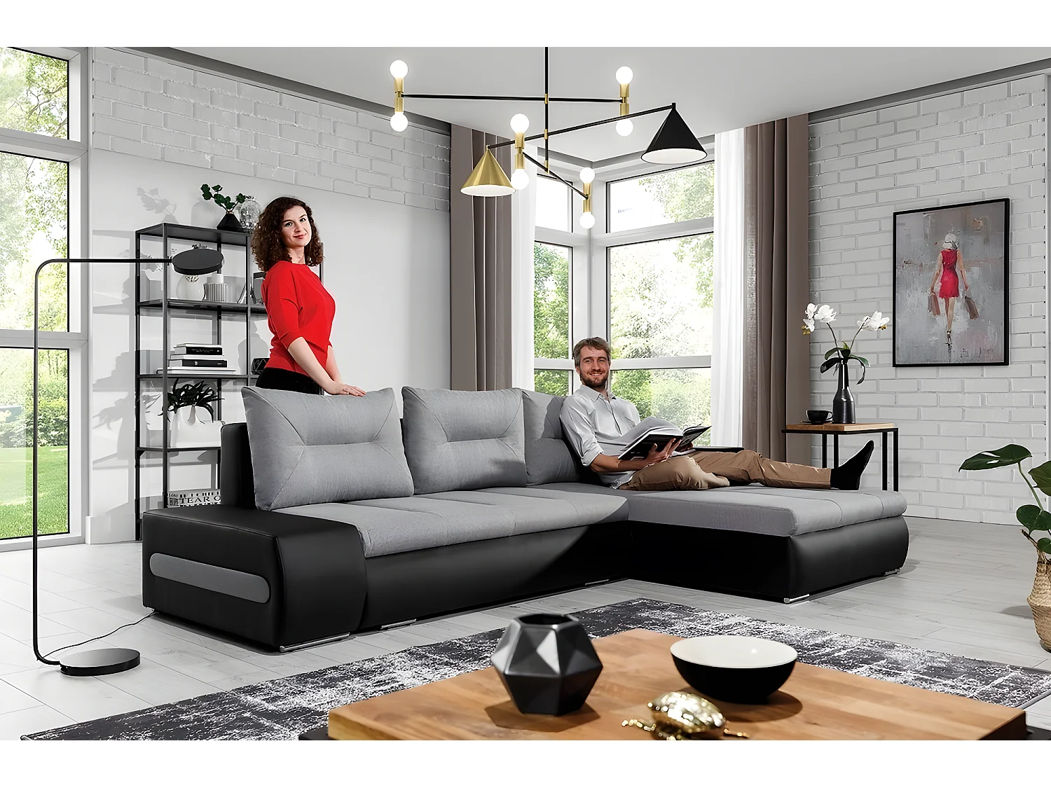 Canapé d'angle convertible en tissu luxe gris et simili cuir noir, 5 places, angle droit (vu de face) - OTELLO