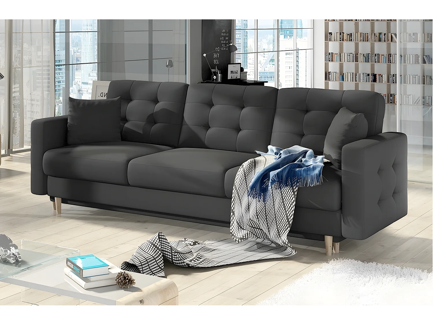 Canapé 3 places convertible - en tissu de qualité gris foncé, ASVENA