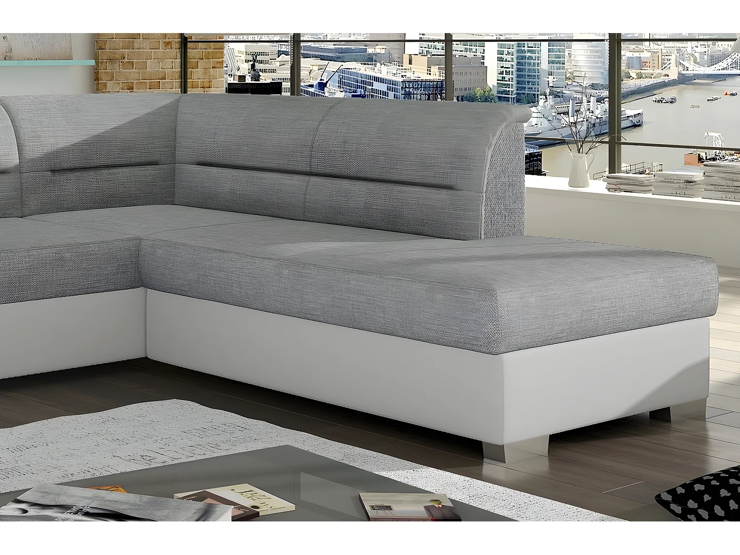 Canapé d'angle convertible en tissu luxe gris et simili cuir blanc cassé, 5 places, avec coffre, angle droit (vu de face), VERTU MIX