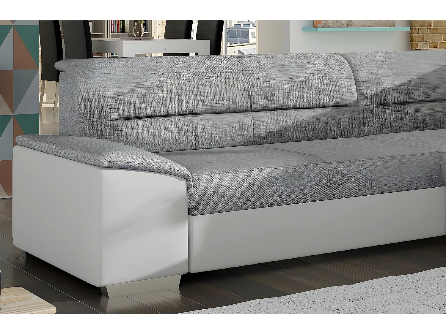 Canapé d'angle convertible en tissu luxe gris et simili cuir blanc cassé, 5 places, avec coffre, angle droit (vu de face), VERTU MIX