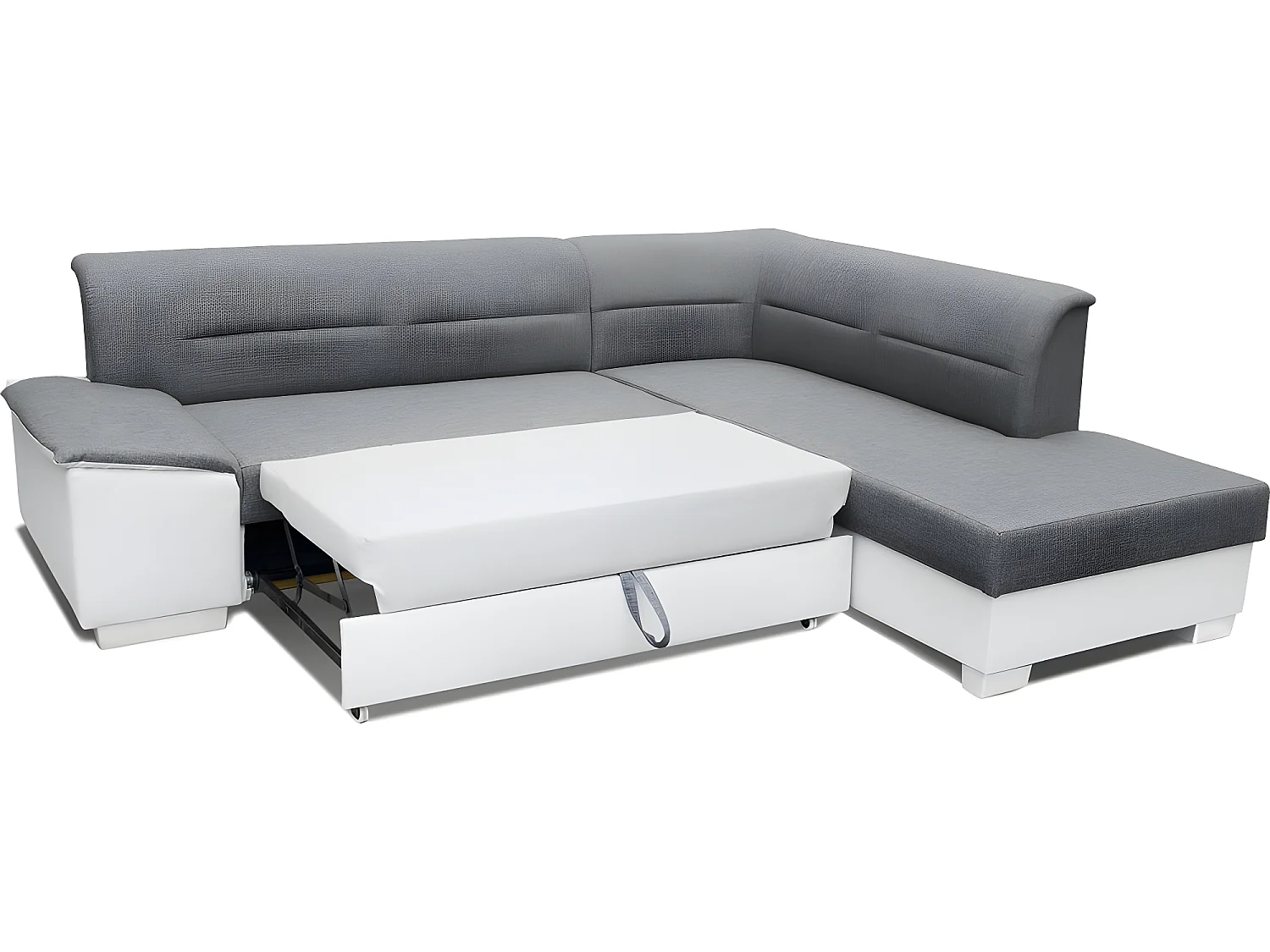 Canapé d'angle convertible en tissu luxe gris et simili cuir blanc cassé, 5 places, avec coffre, angle droit (vu de face), VERTU MIX