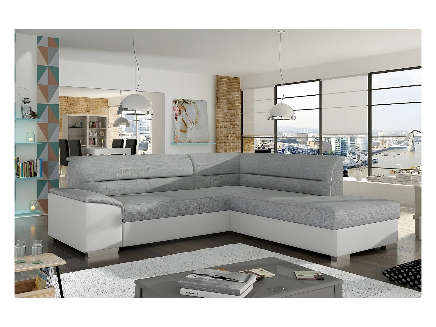 Canapé d'angle convertible en tissu luxe gris et simili cuir blanc cassé, 5 places, avec coffre, angle droit (vu de face), VERTU MIX
