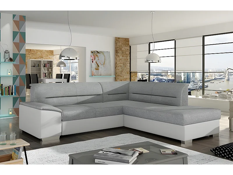 Canapé d'angle convertible en tissu luxe gris et simili cuir blanc cassé, 5 places, avec coffre, angle droit (vu de face), VERTU MIX