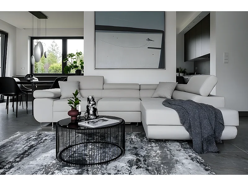 Canapé d'angle convertible en tissu luxe 5 places, ANNECY, couleur gris clair, angle droit