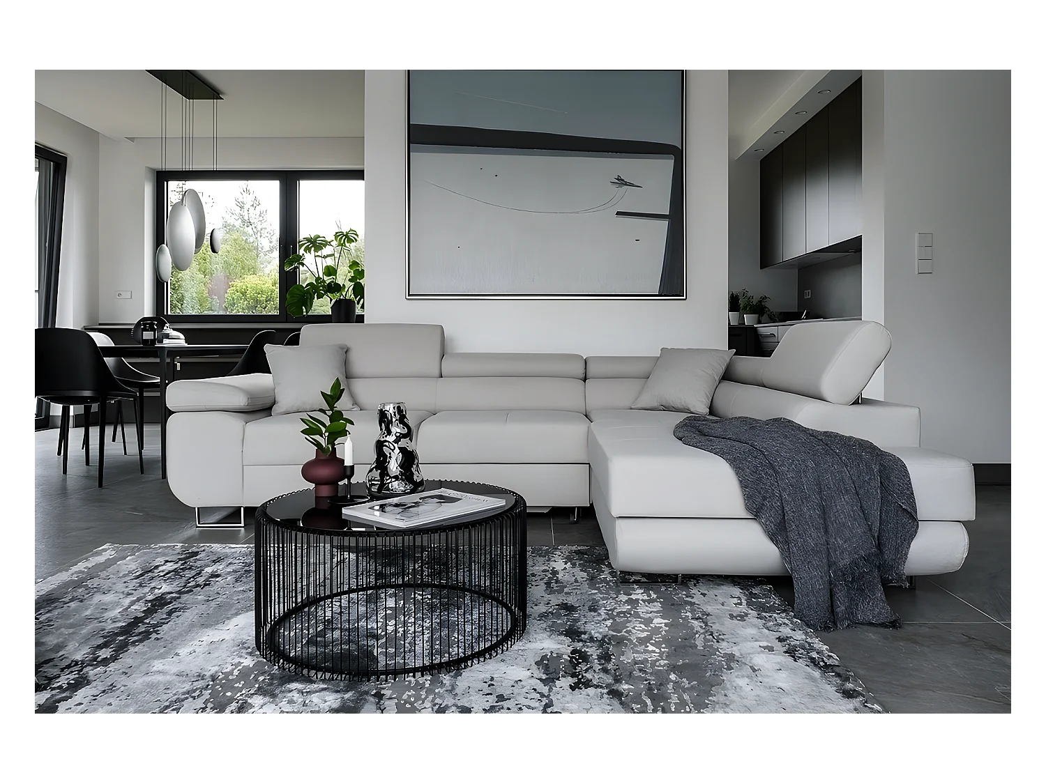 Canapé d'angle convertible en tissu luxe 5 places, ANNECY, couleur gris clair, angle droit