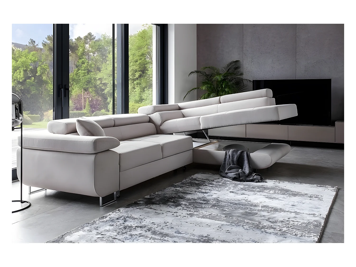 Canapé d'angle convertible en tissu luxe 5 places, ANNECY, couleur gris clair, angle droit