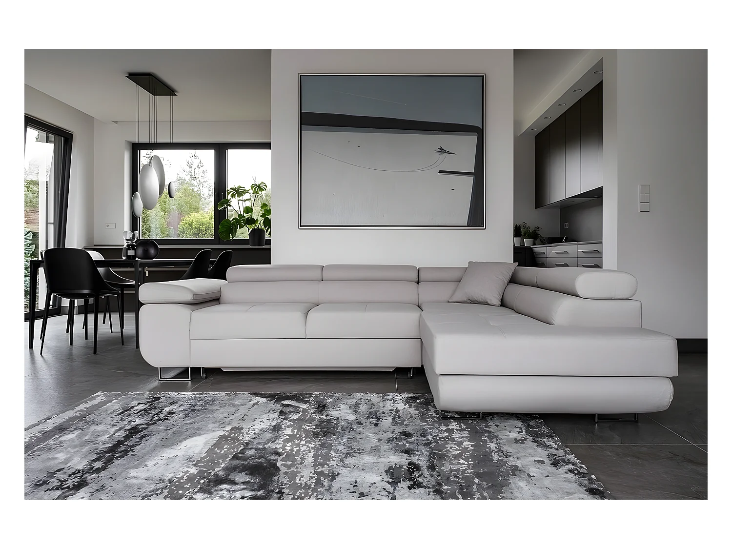 Canapé d'angle convertible en tissu luxe 5 places, ANNECY, couleur gris clair, angle droit