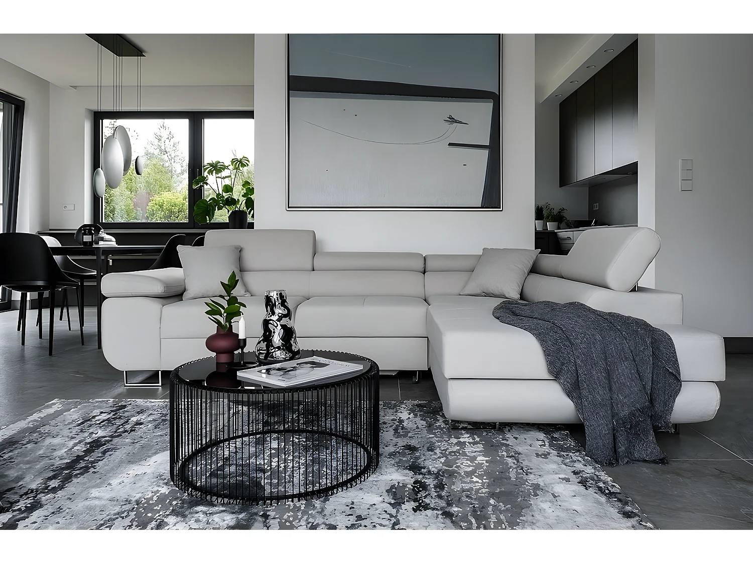 Canapé d'angle convertible en tissu luxe 5 places, ANNECY, couleur gris clair, angle droit