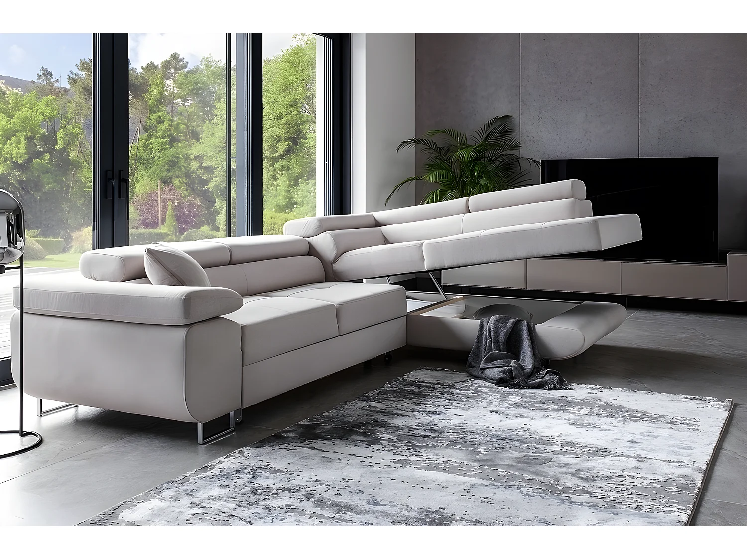 Canapé d'angle convertible en tissu luxe 5 places, ANNECY, couleur gris clair, angle droit