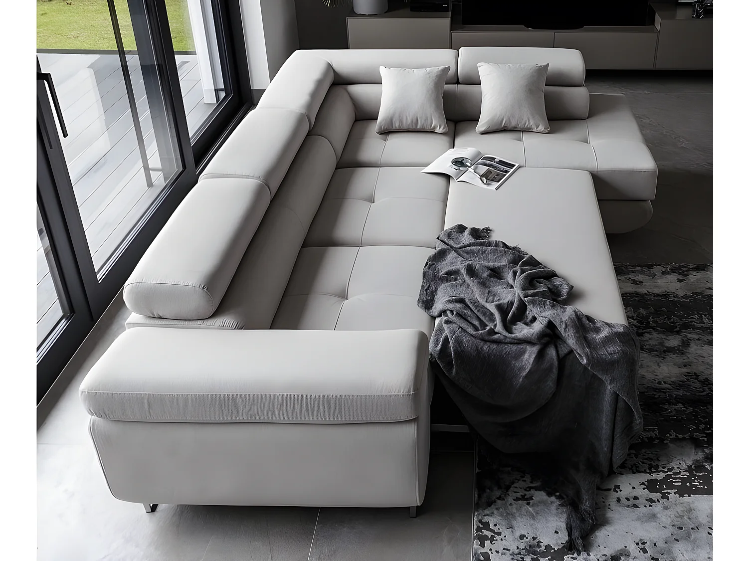 Canapé d'angle convertible en tissu luxe 5 places, ANNECY, couleur gris clair, angle droit