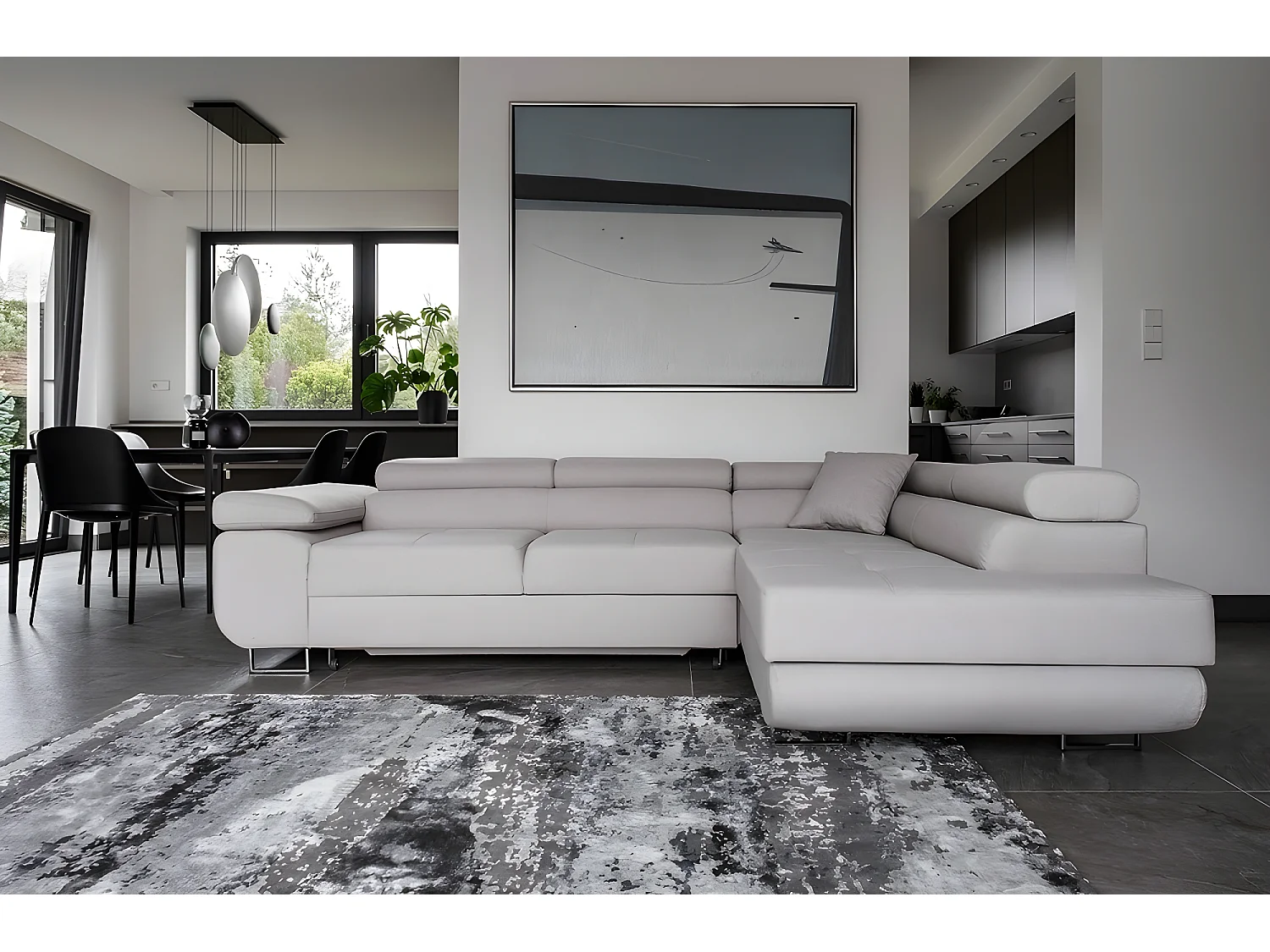 Canapé d'angle convertible en tissu luxe 5 places, ANNECY, couleur gris clair, angle droit