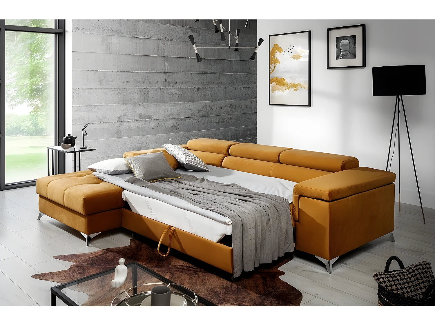 Canapé d'angle convertible en tissu velours luxe 5 places, RICHARD, couleur moutarde, angle gauche