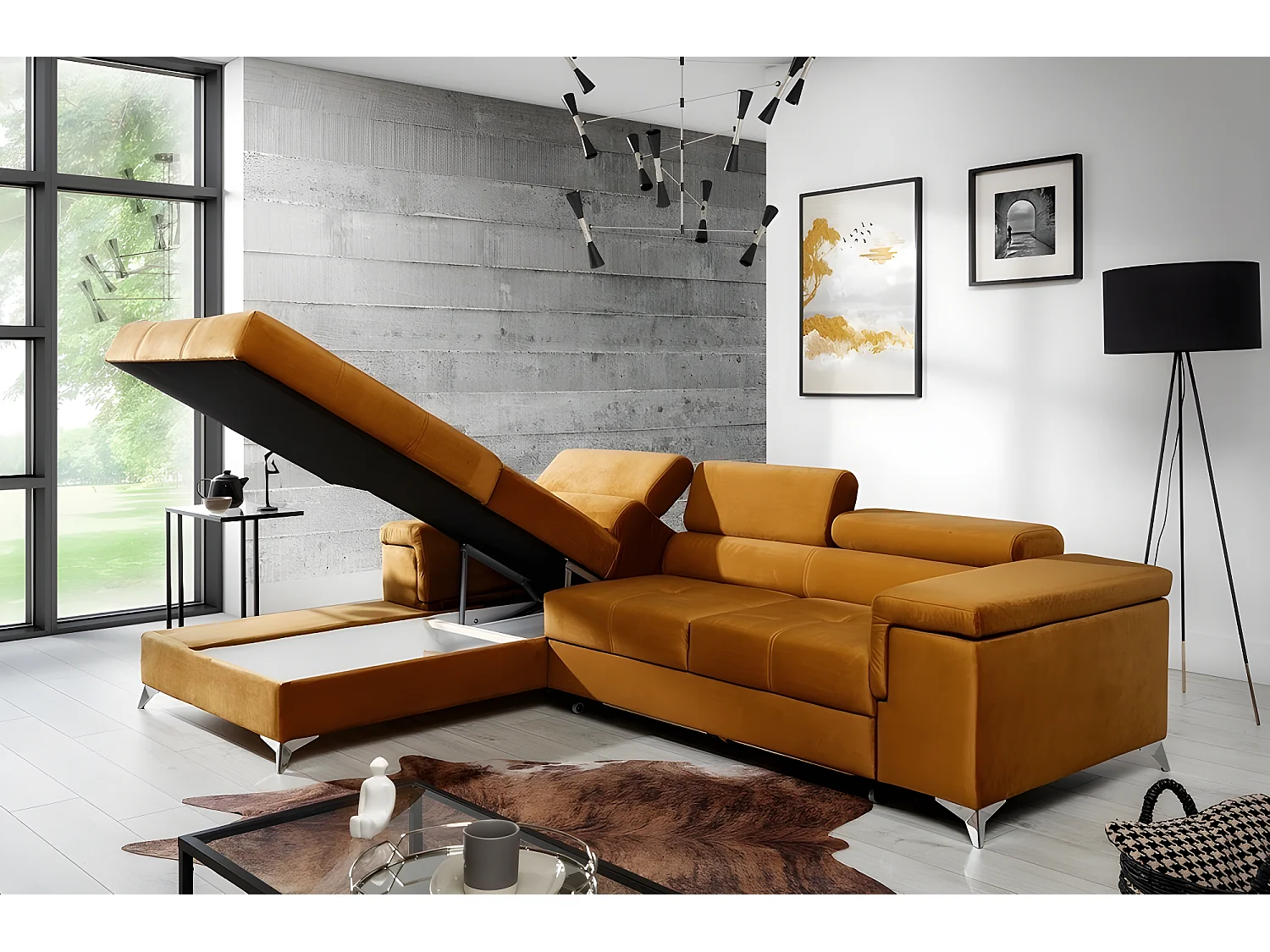 Canapé d'angle convertible en tissu velours luxe 5 places, RICHARD, couleur moutarde, angle gauche