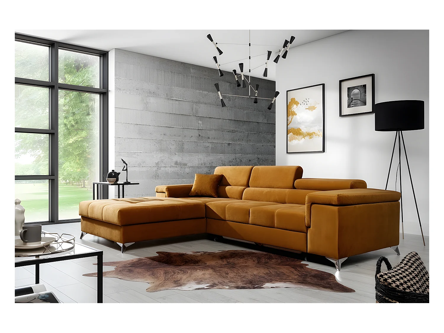 Canapé d'angle convertible en tissu velours luxe 5 places, RICHARD, couleur moutarde, angle gauche