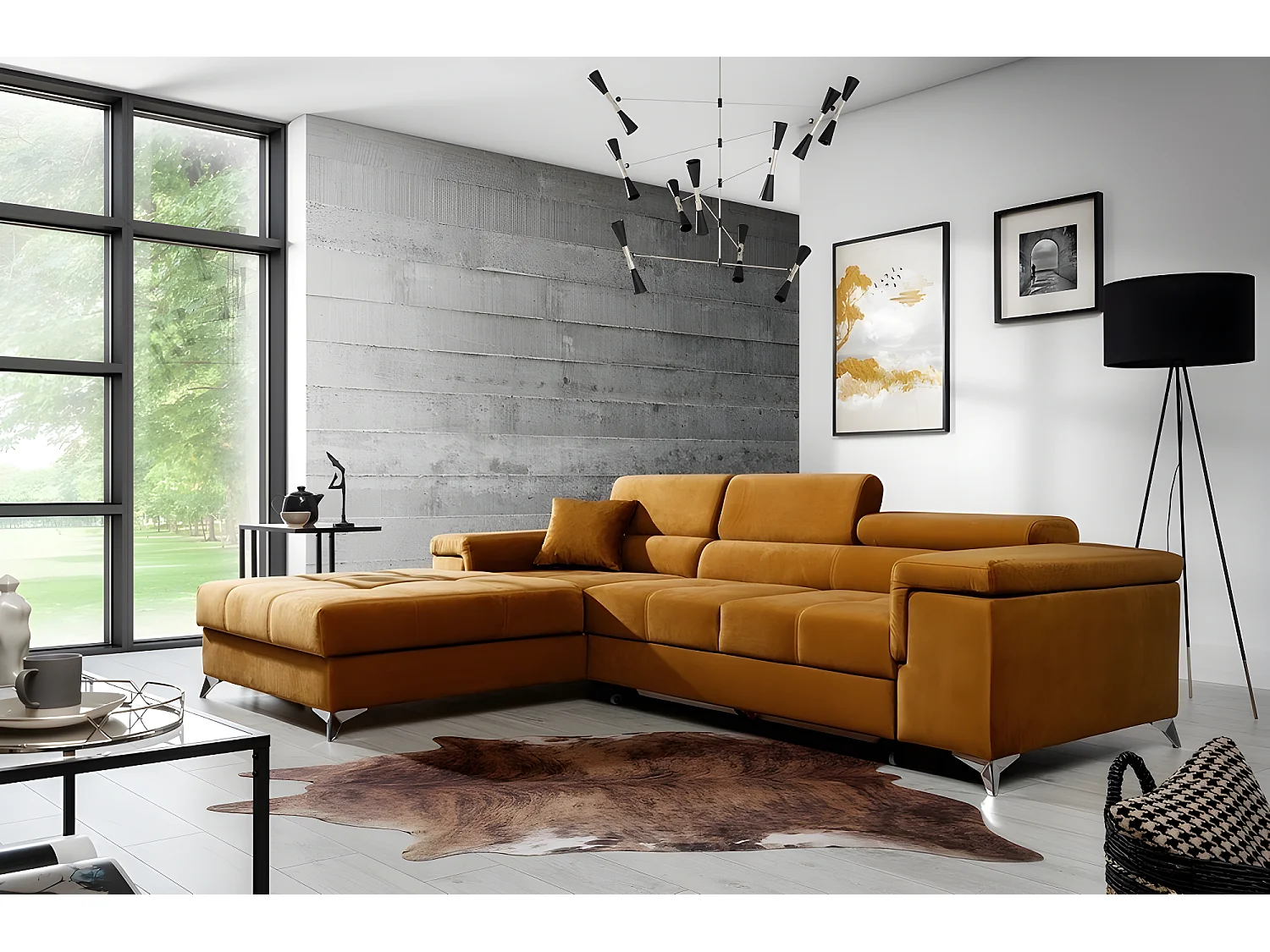 Canapé d'angle convertible en tissu velours luxe 5 places, RICHARD, couleur moutarde, angle gauche