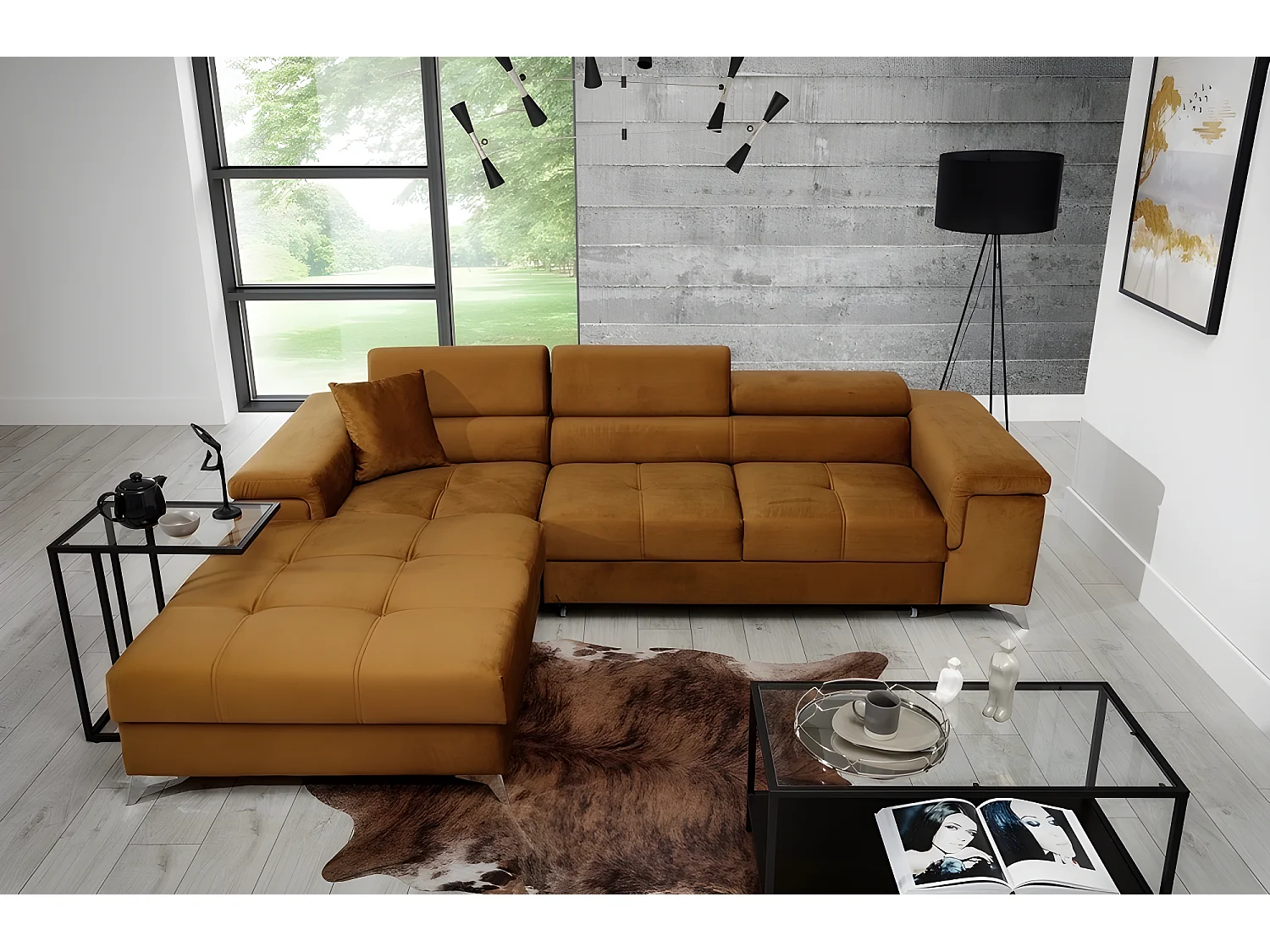 Canapé d'angle convertible en tissu velours luxe 5 places, RICHARD, couleur moutarde, angle gauche