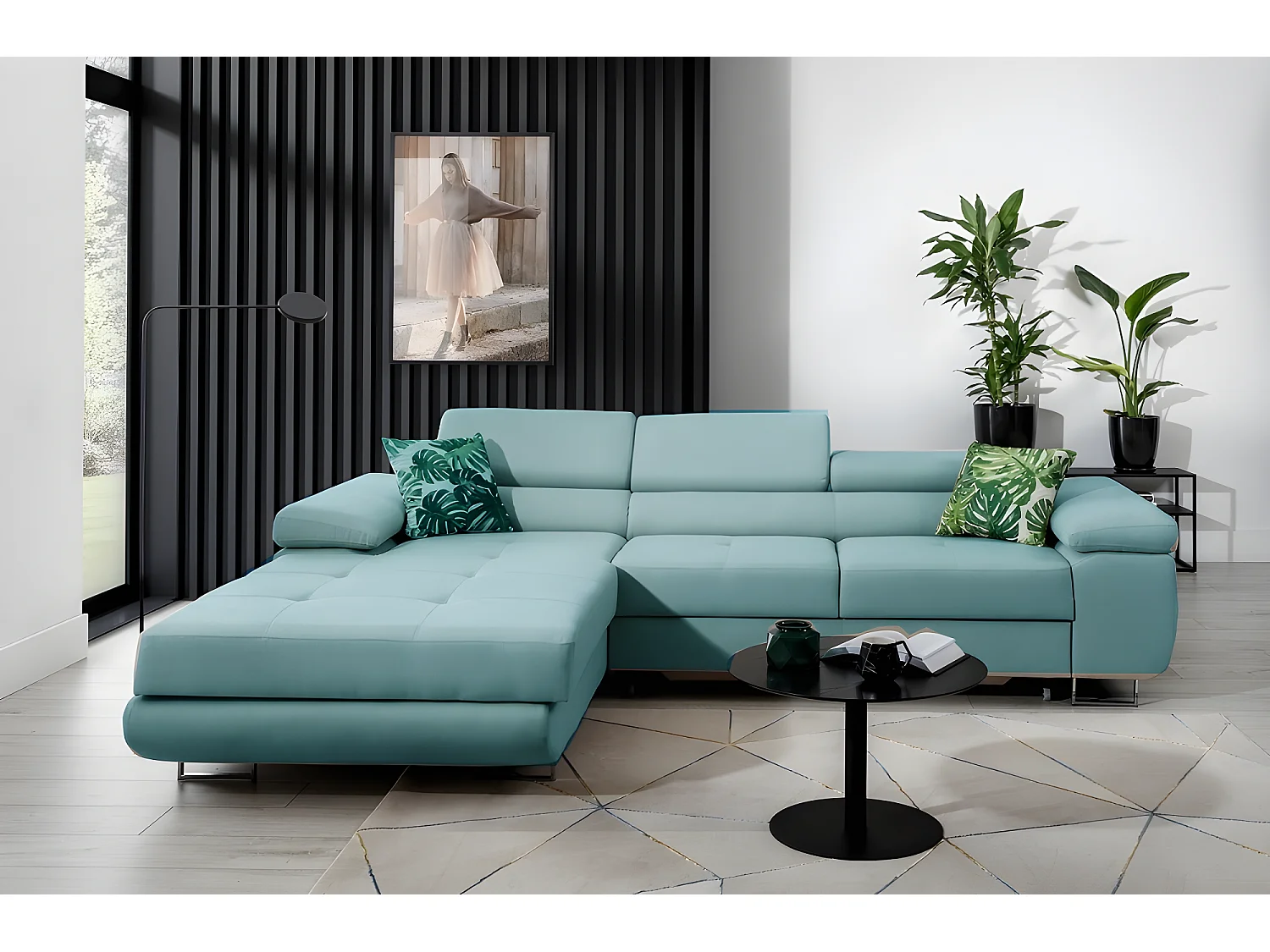 Canapé d'angle convertible ARMEL en tissu luxe 5 places, bleu, avec coffre, angle gauche (vu de face)