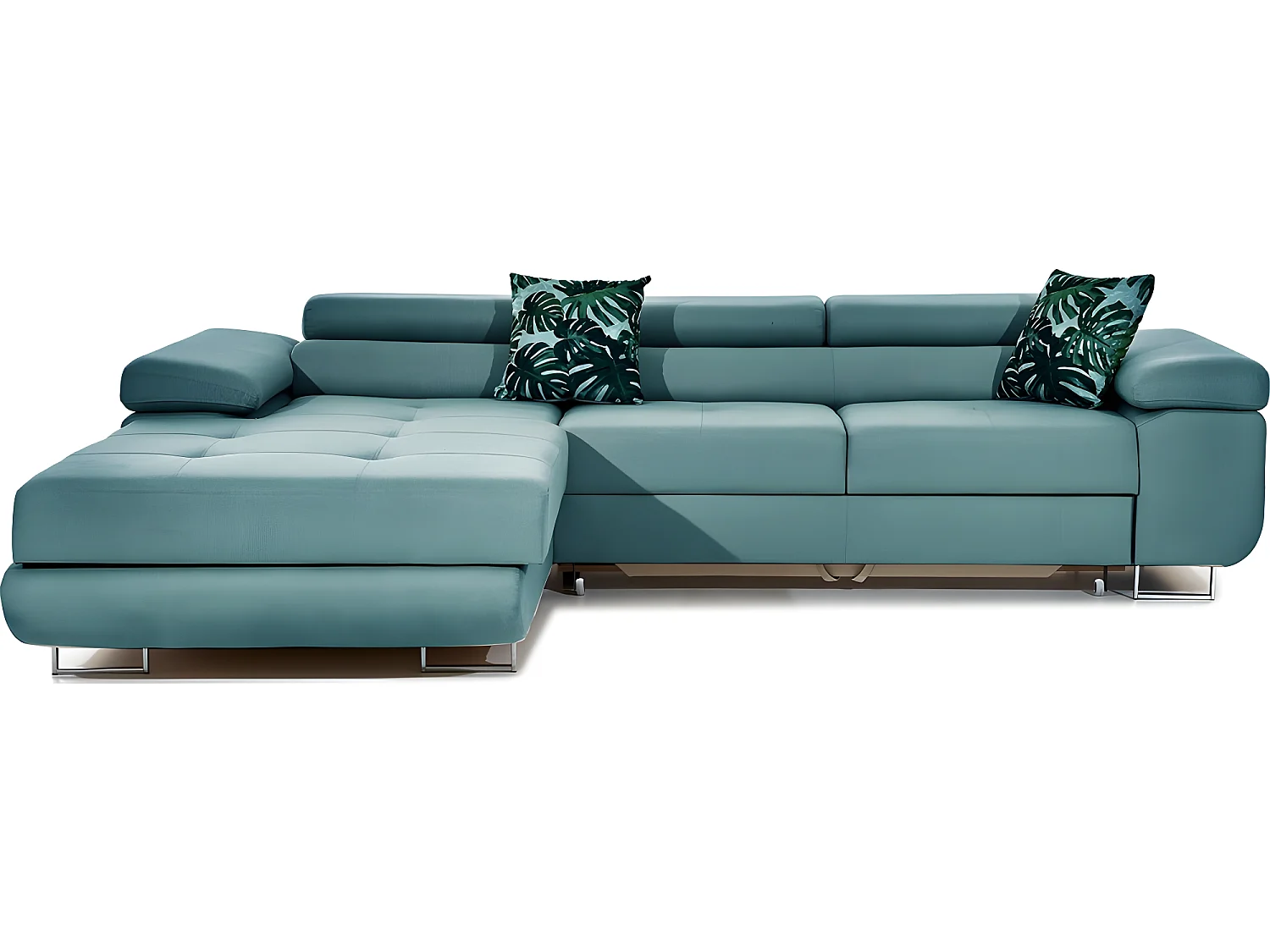 Canapé d'angle convertible ARMEL en tissu luxe 5 places, bleu, avec coffre, angle gauche (vu de face)