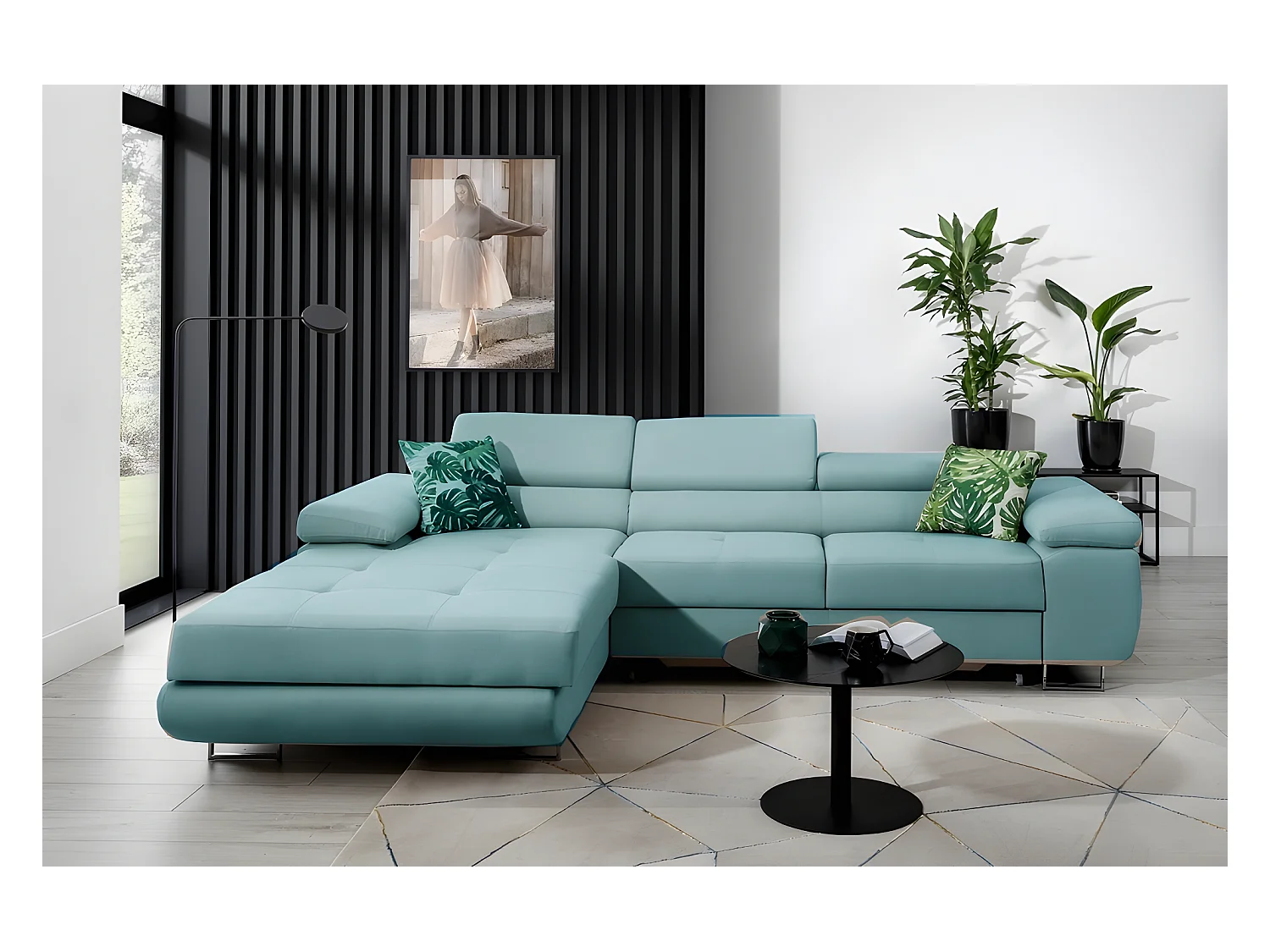 Canapé d'angle convertible ARMEL en tissu luxe 5 places, bleu, avec coffre, angle gauche (vu de face)