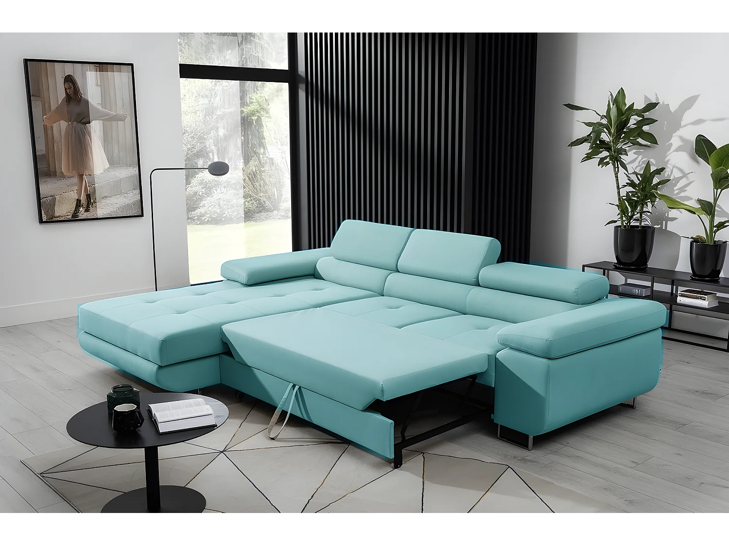 Canapé d'angle convertible ARMEL en tissu luxe 5 places, bleu, avec coffre, angle gauche (vu de face)