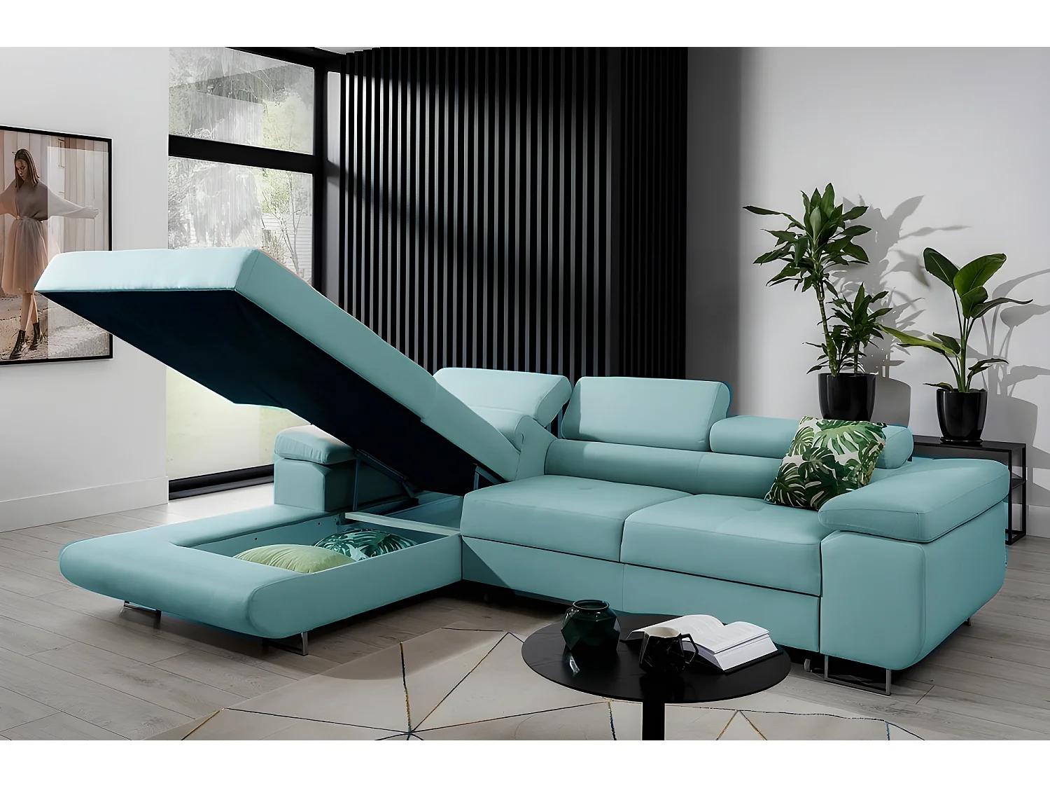 Canapé d'angle convertible ARMEL en tissu luxe 5 places, bleu, avec coffre, angle gauche (vu de face)