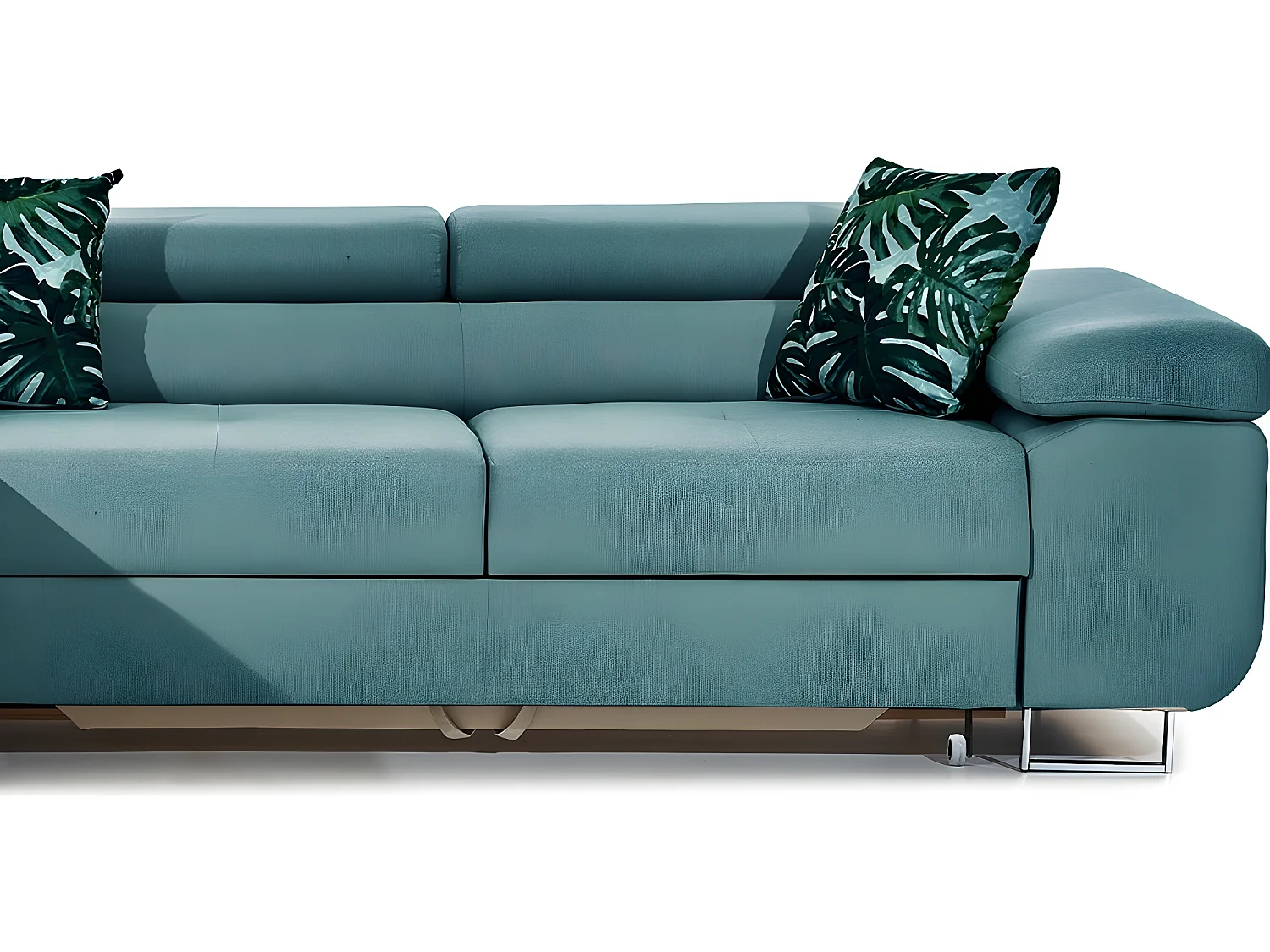 Canapé d'angle convertible ARMEL en tissu luxe 5 places, bleu, avec coffre, angle gauche (vu de face)