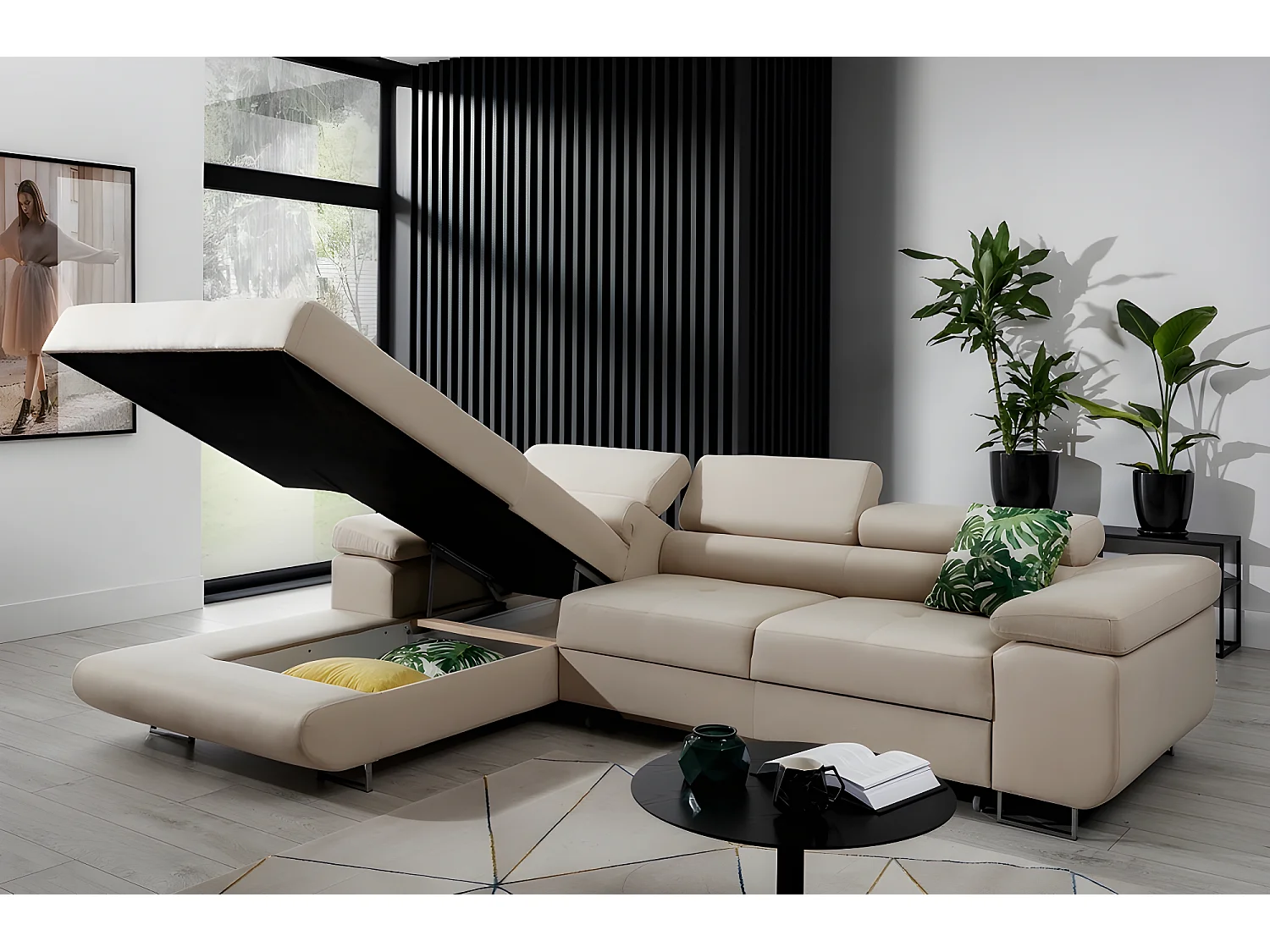 Canapé d'angle convertible ARMEL en tissu luxe 5 places, beige, avec coffre, angle gauche (vu de face)