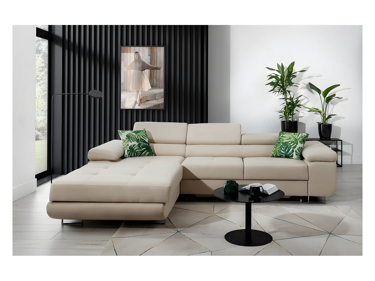 Canapé d'angle convertible ARMEL en tissu luxe 5 places, beige, avec coffre, angle gauche (vu de face)