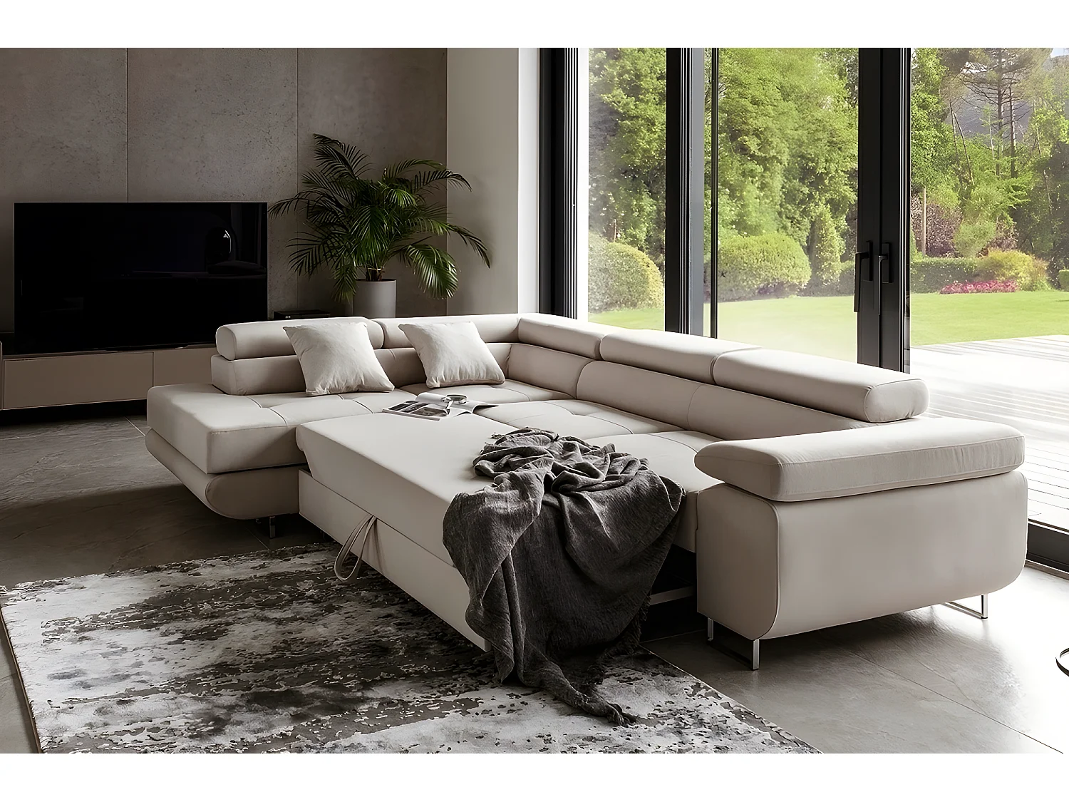 Canapé d'angle convertible en tissu luxe 5 places, ANNECY, couleur beige clair, angle gauche