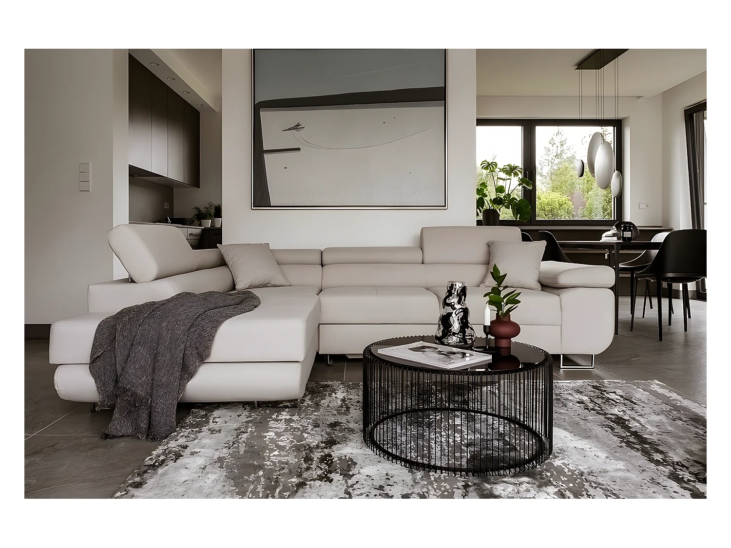 Canapé d'angle convertible en tissu luxe 5 places, ANNECY, couleur beige clair, angle gauche