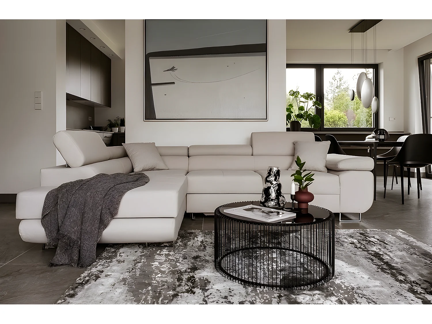 Canapé d'angle convertible en tissu luxe 5 places, ANNECY, couleur beige clair, angle gauche