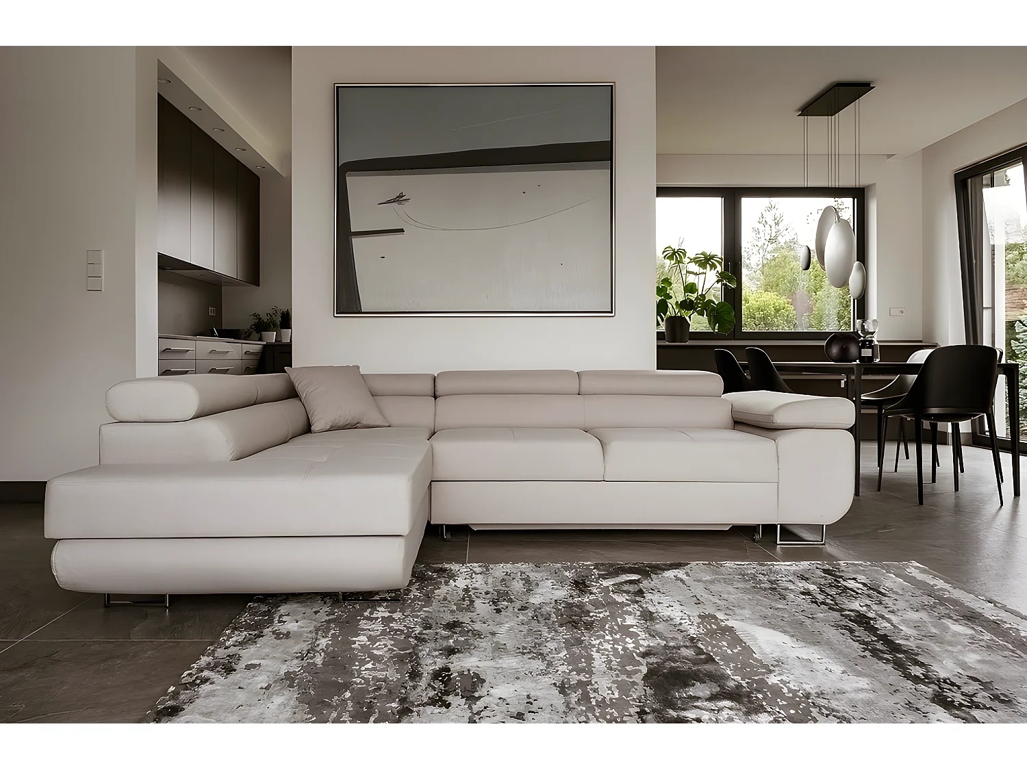 Canapé d'angle convertible en tissu luxe 5 places, ANNECY, couleur beige clair, angle gauche