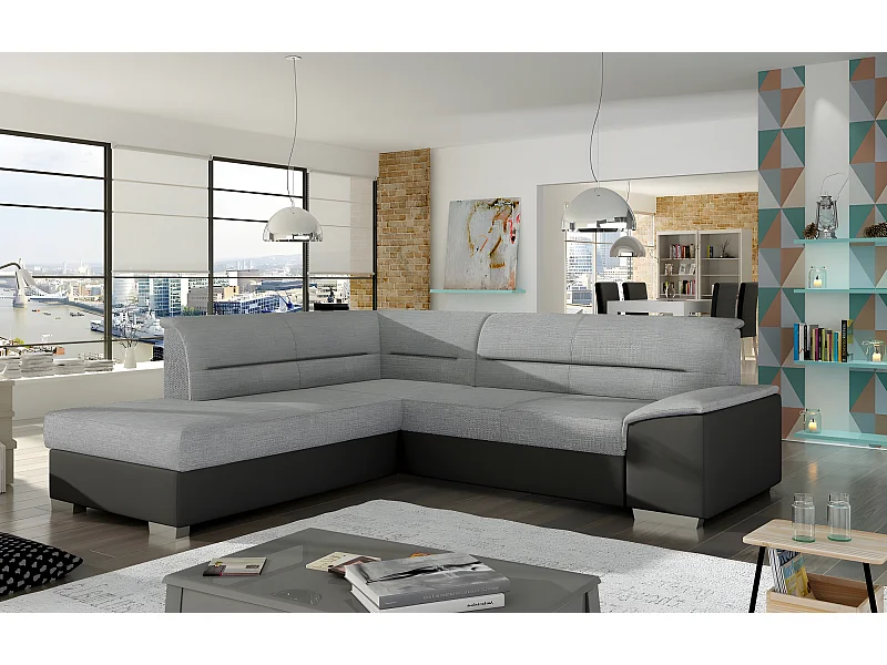 Canapé d'angle convertible en tissu luxe gris et simili cuir noir, 5 places, avec coffre, angle gauche (vu de face) - VERTU MIX