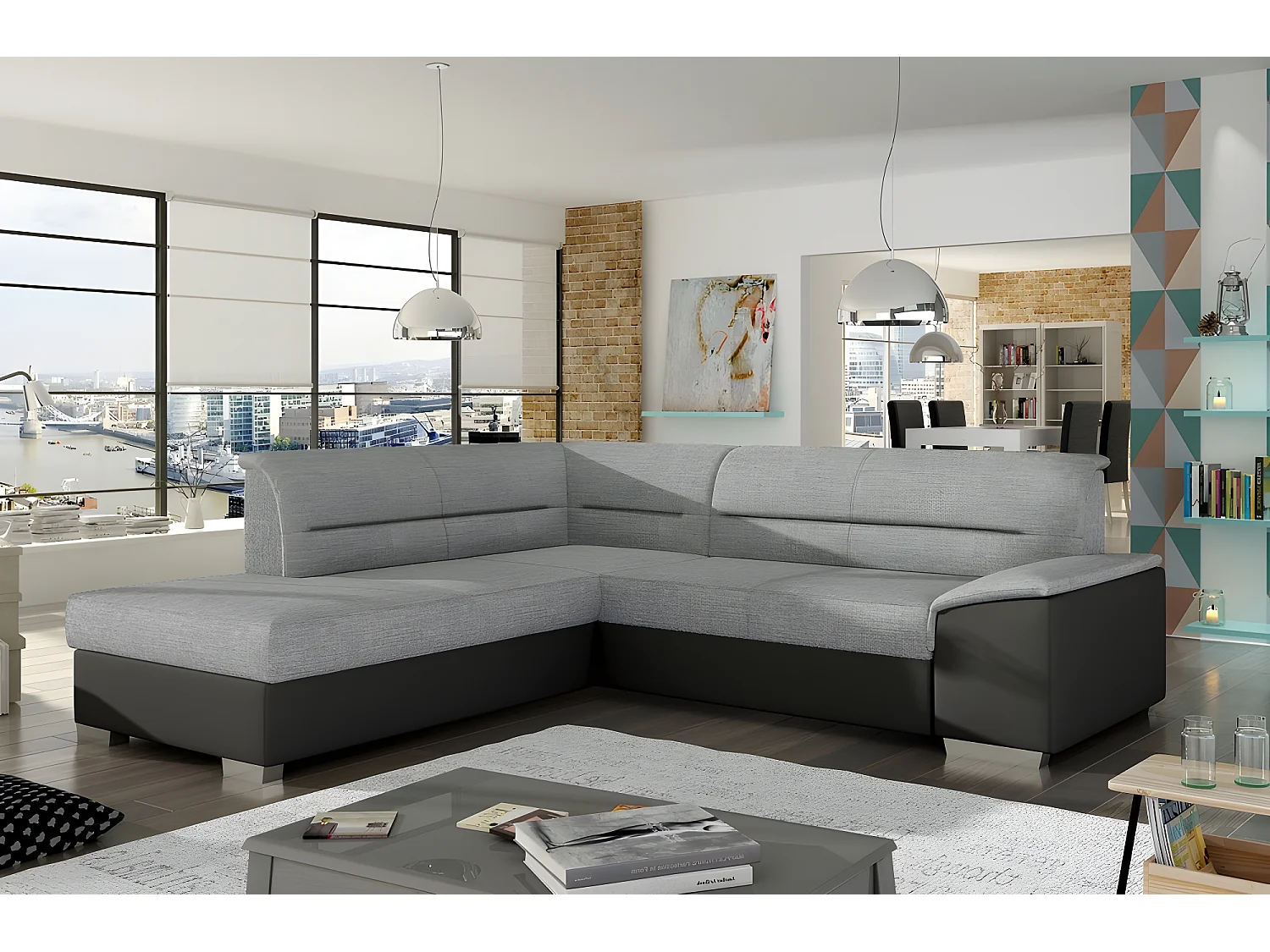 Canapé d'angle convertible en tissu luxe gris et simili cuir noir, 5 places, avec coffre, angle gauche (vu de face) - VERTU MIX