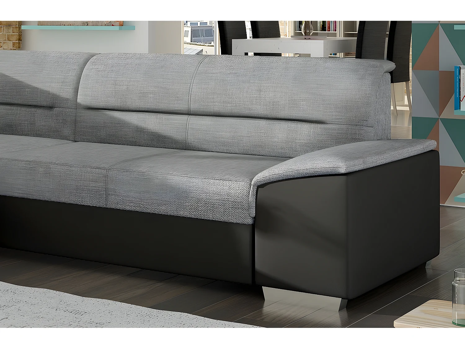 Canapé d'angle convertible en tissu luxe gris et simili cuir noir, 5 places, avec coffre, angle gauche (vu de face) - VERTU MIX