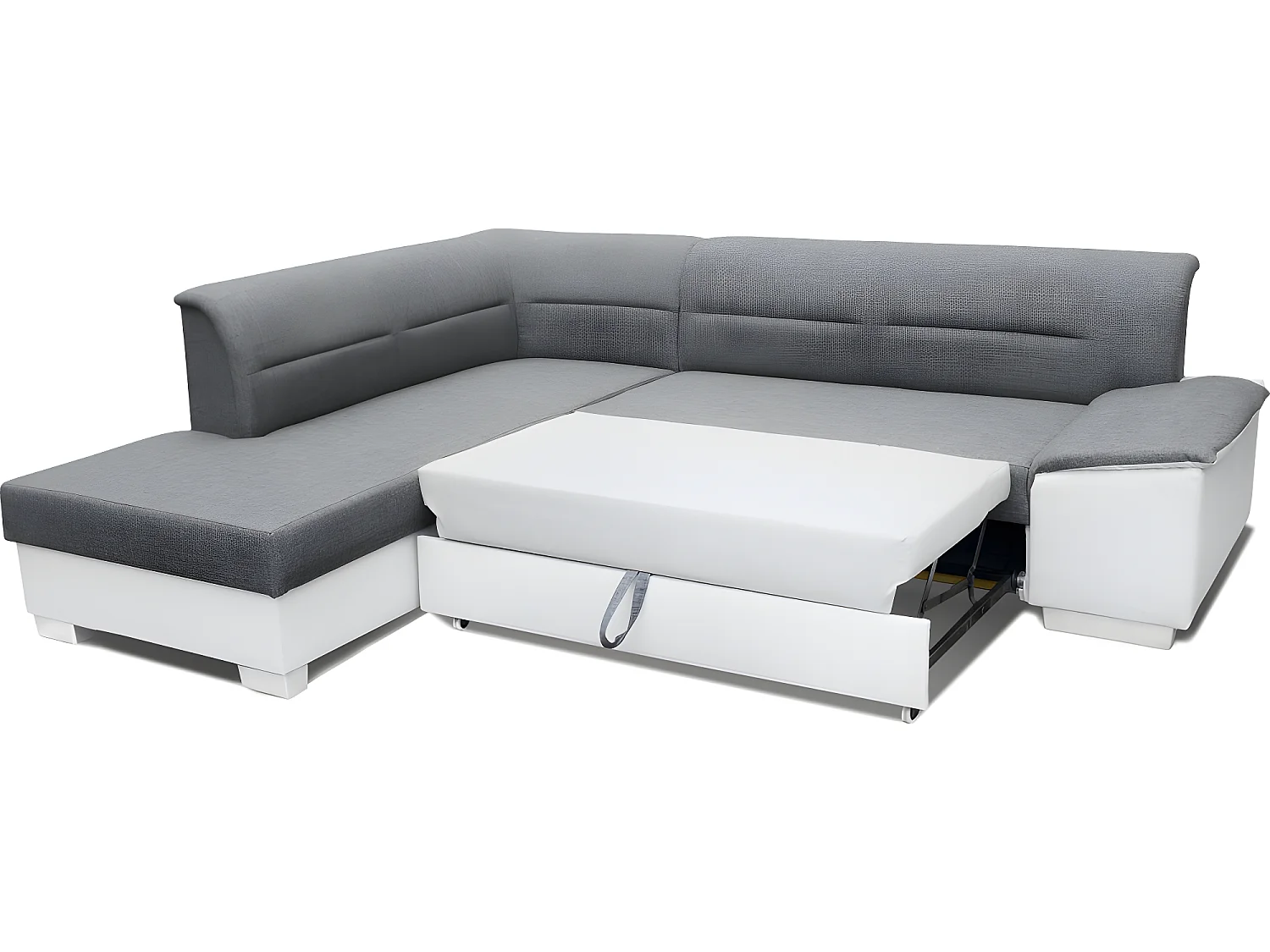 Canapé d'angle convertible en tissu luxe gris et simili cuir noir, 5 places, avec coffre, angle gauche (vu de face) - VERTU MIX